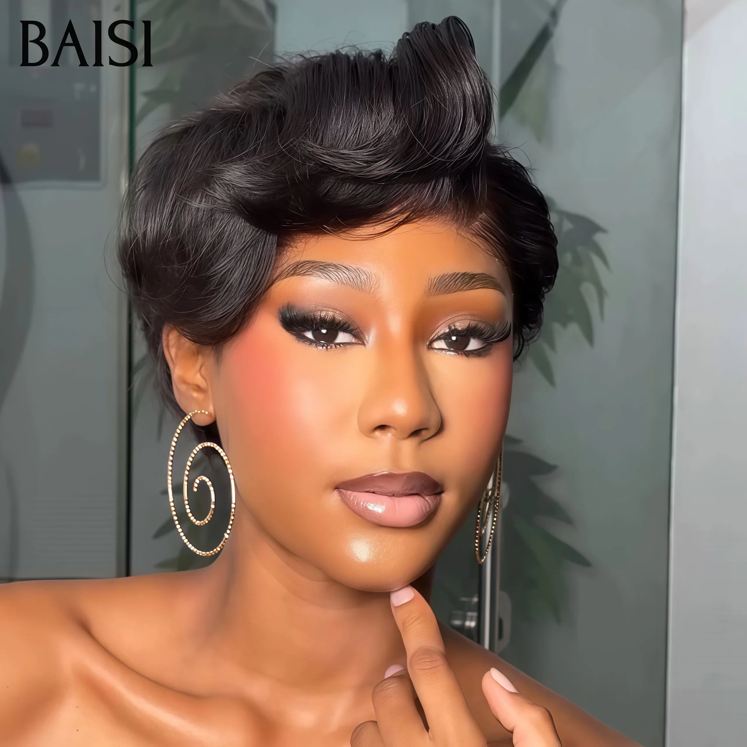 BAISI Grand Promo 69€ Perruque lace frontale pixie Lisse 1B# en 100% Vrais Cheveux Humains +coiffure FR38