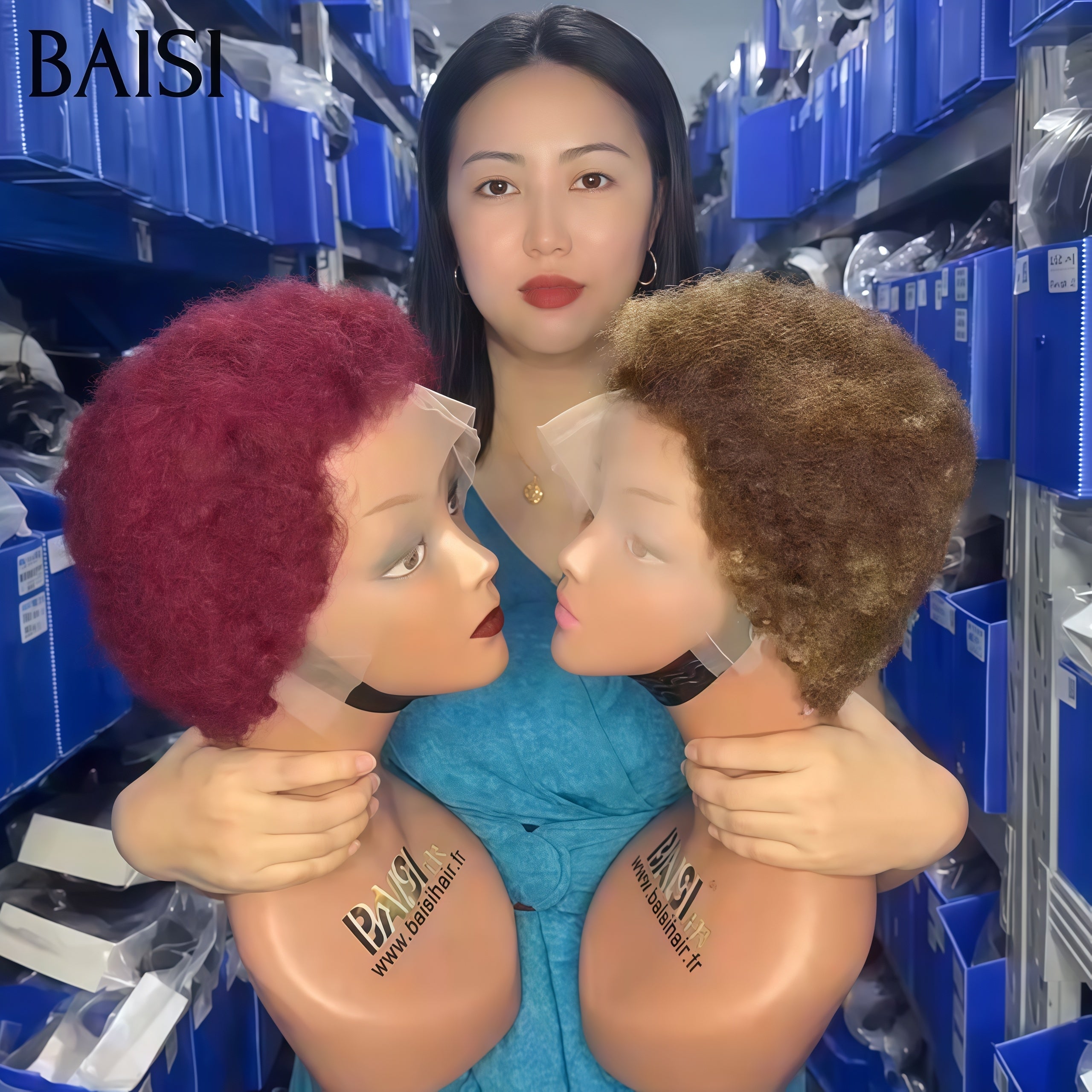 BAISI 2 Perruque 75€ Pixie Afro Curl 13x4 lace frontal bouclé partout Coupe vibrante en Bordeaux+Mixte avec Frontale en 100% cheveux humains F-905