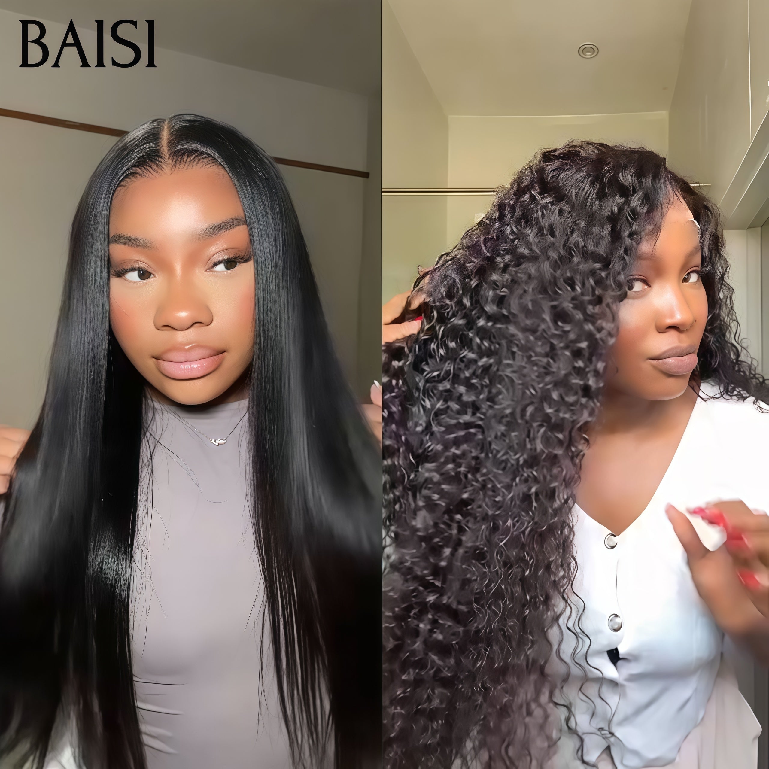 BAISI 2 Perruques 210€ Moitié Prix lace Frontal 24 pouce Lisse et curly wave 200% densité plus de 20 ans d' utilisations en 100% vrais cheveux humains