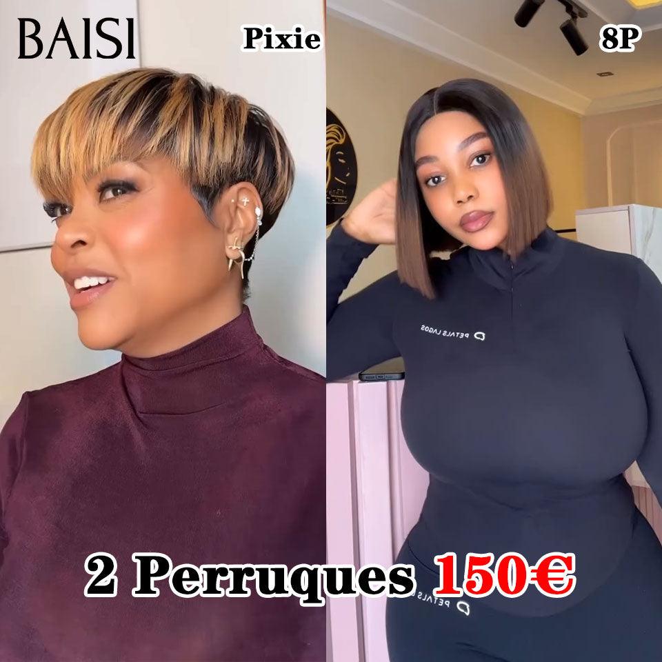 BAISI 2 Perruques pour revendre 150€ pixie mixte 6 Pouces ou 4X4 lace Lisse DE luxe 1BT4# 8 Pouces 200% densité en 100% vrais cheveux humains FR38