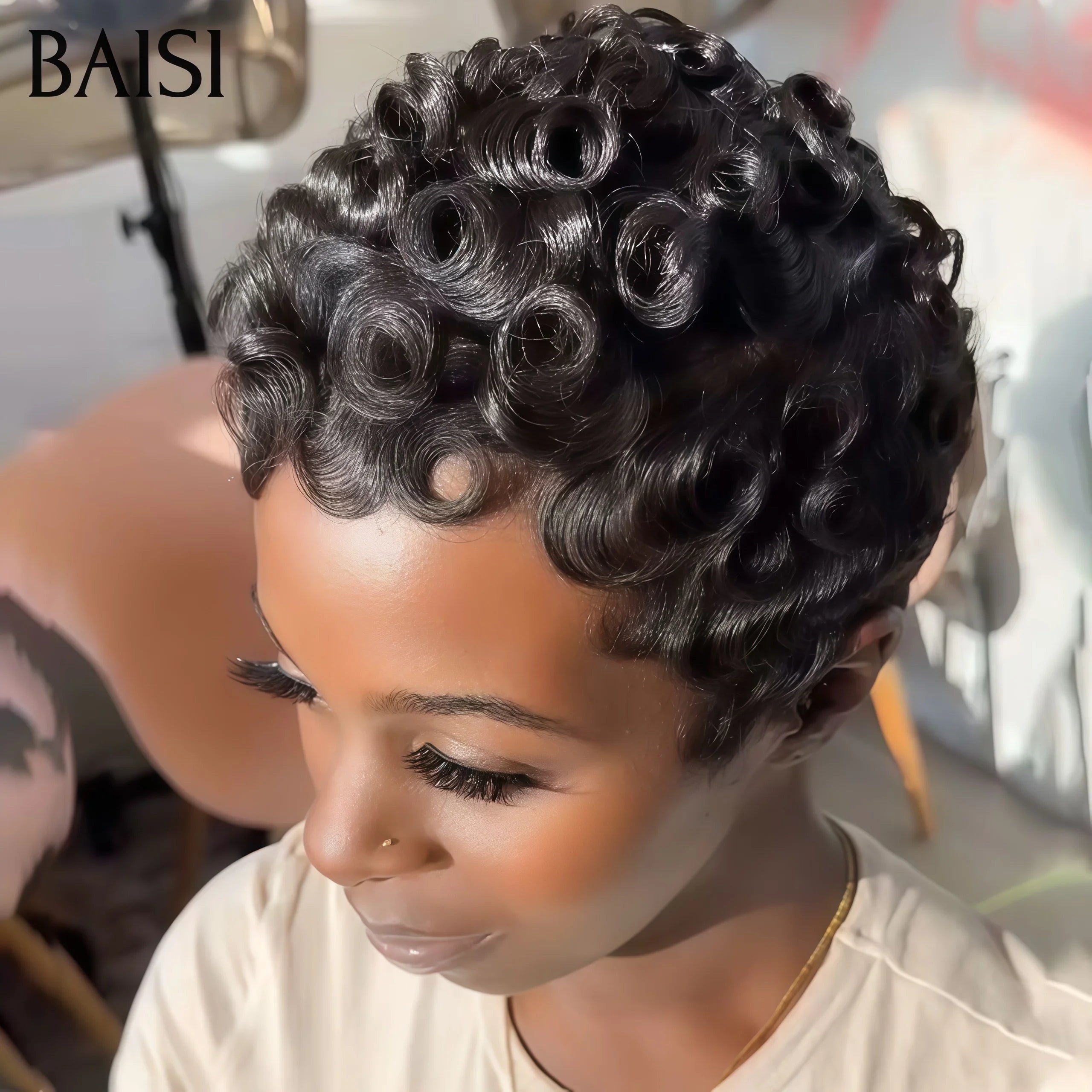 BAISI perruque sans Colle finger wave NOIR ou 13X4 Perruque Personnalisée pixie coupe curly marron 4# cheveux raw hair