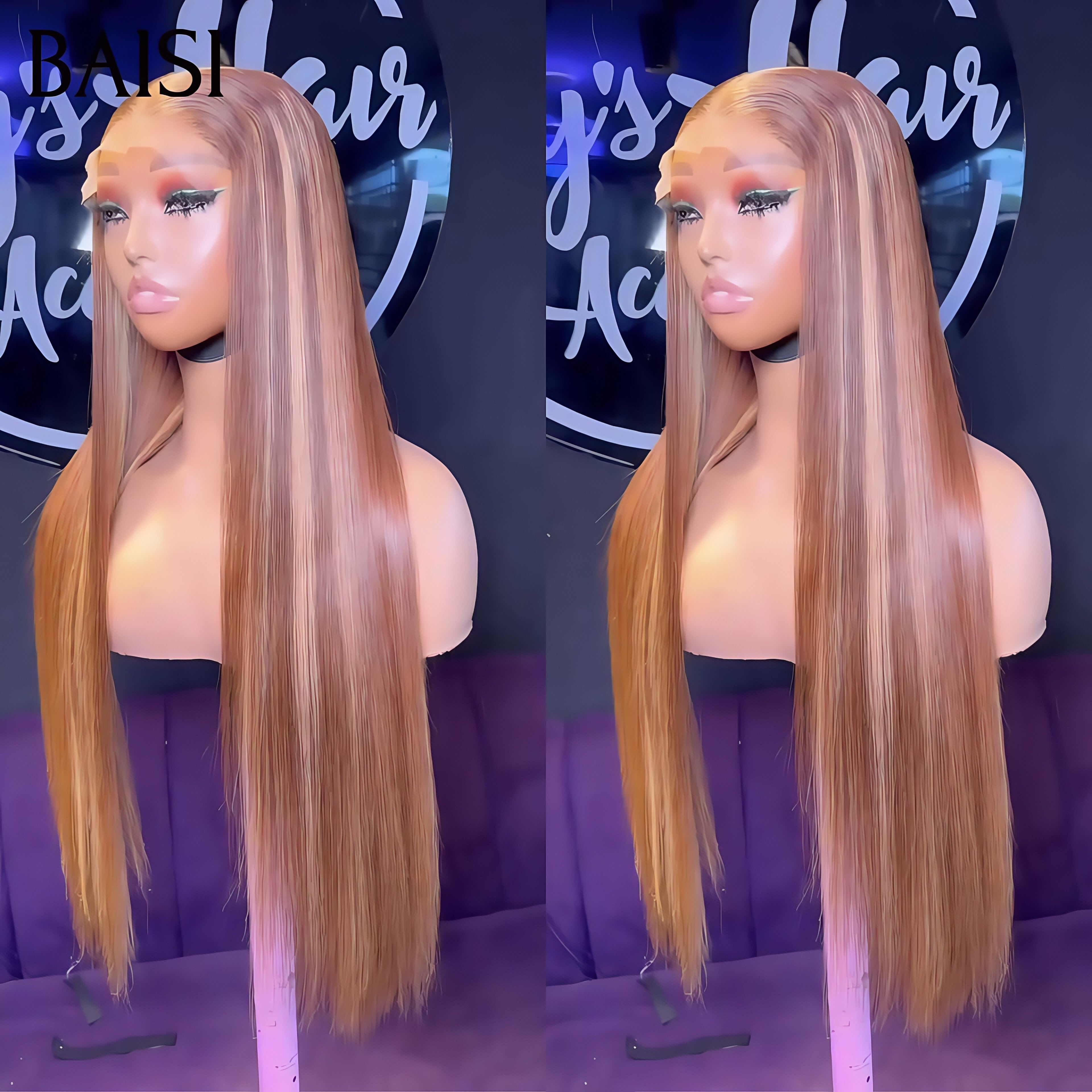 BAISI Perruque 13X4 lace frontal Lisse couleur Marron Mixte Miel 4/27# 18 pouce 99€ +1 FER Gratuite ou Bouclée Deep Wave avec Frange 12 Pouces en Couleur Mixte #4MIX#27