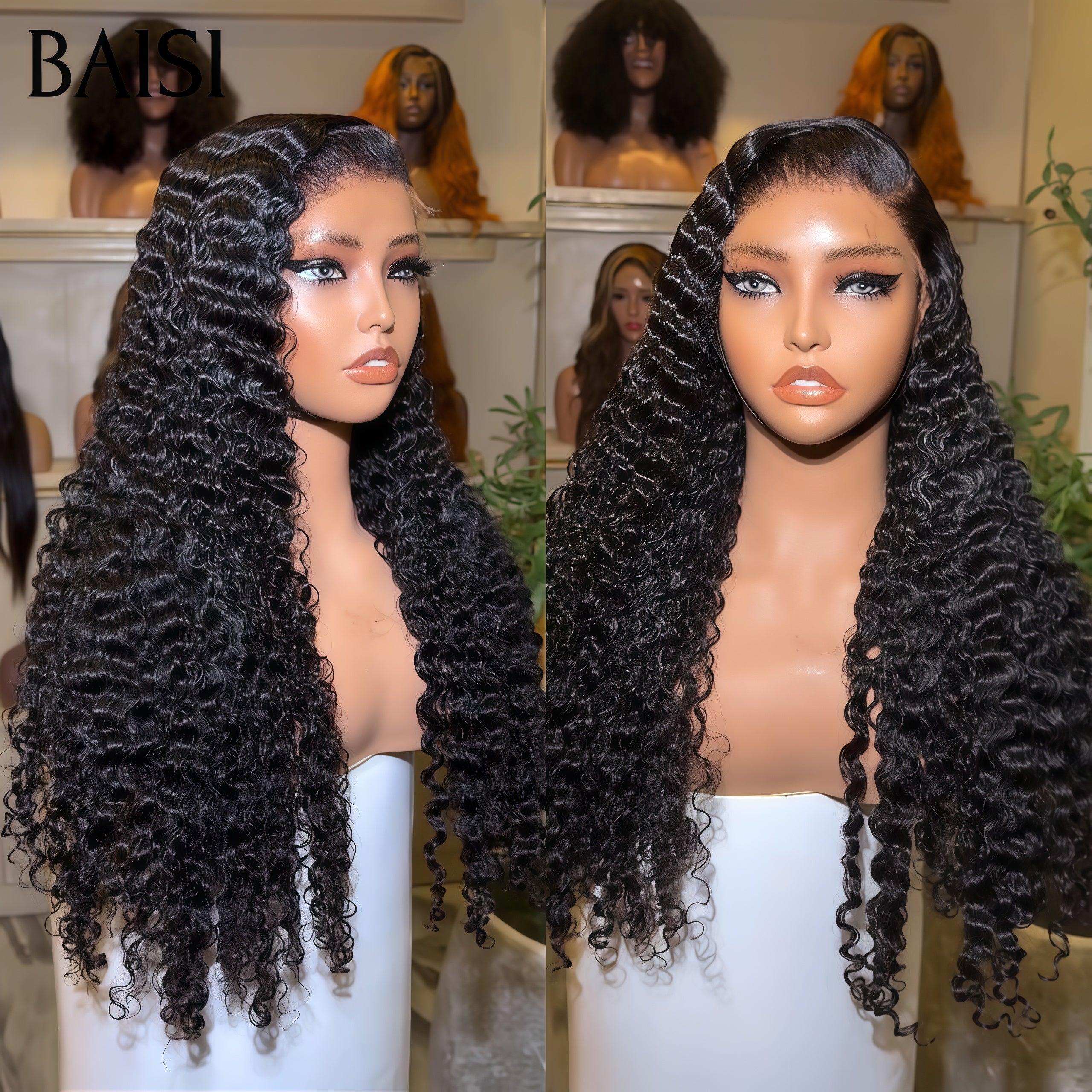 BAISI 13x6 Frontal Wig Curly Pre-Plucked No Glue Needed in 100% Raw Hair Lace Already Cut B