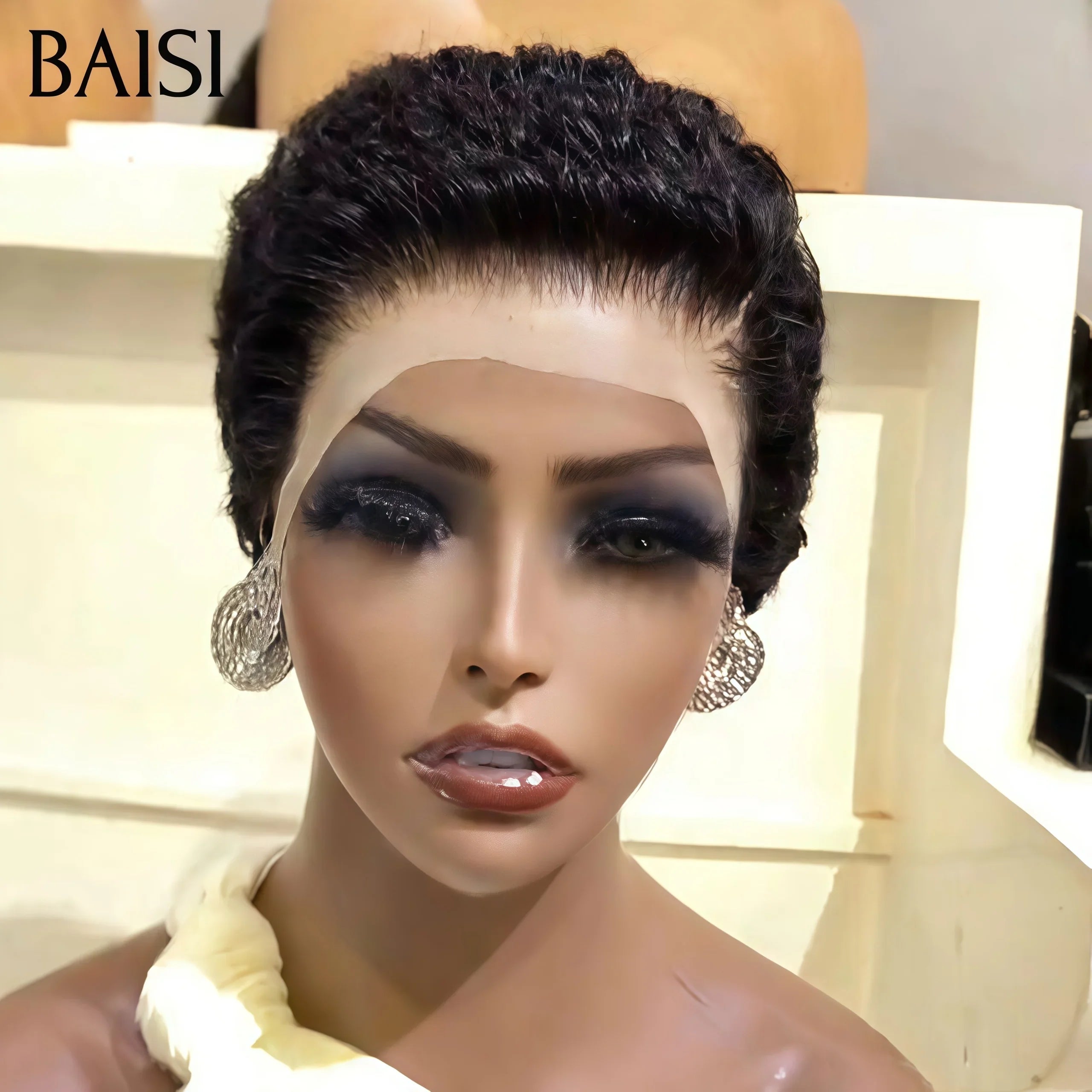 BAISI Femme VIP 13X4 lace Perruque Pixie vague En Couleur noir 56€ Sans Colle finger wave 46€ en 100% Cheveux Humains