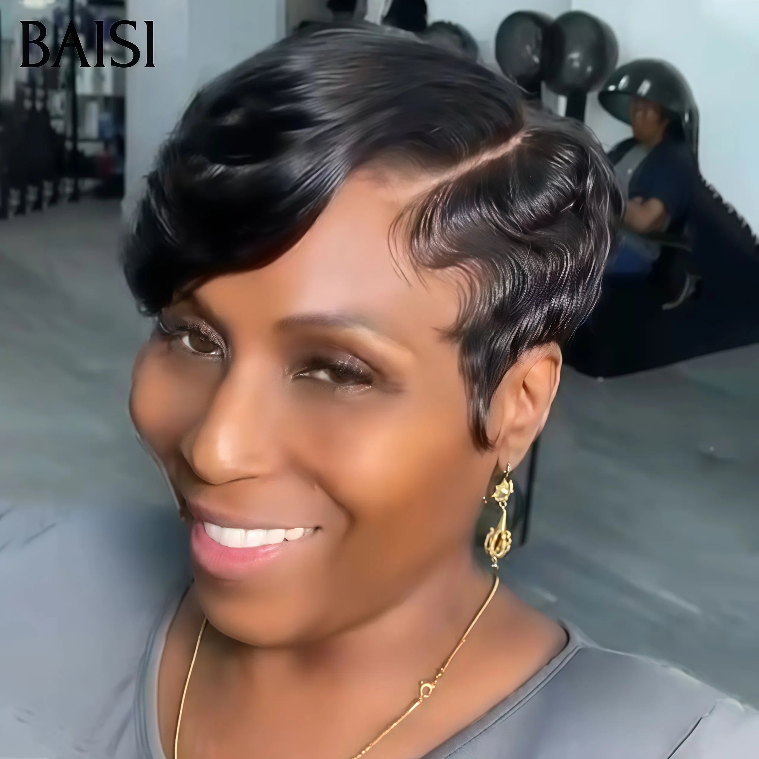 BAISI 13X4 Frontale Perruque Pixie Lisse 6 pouces 66€ NOIR ou 69.99€ en couleur Marron 4T27# En 100% Cheveux Humains