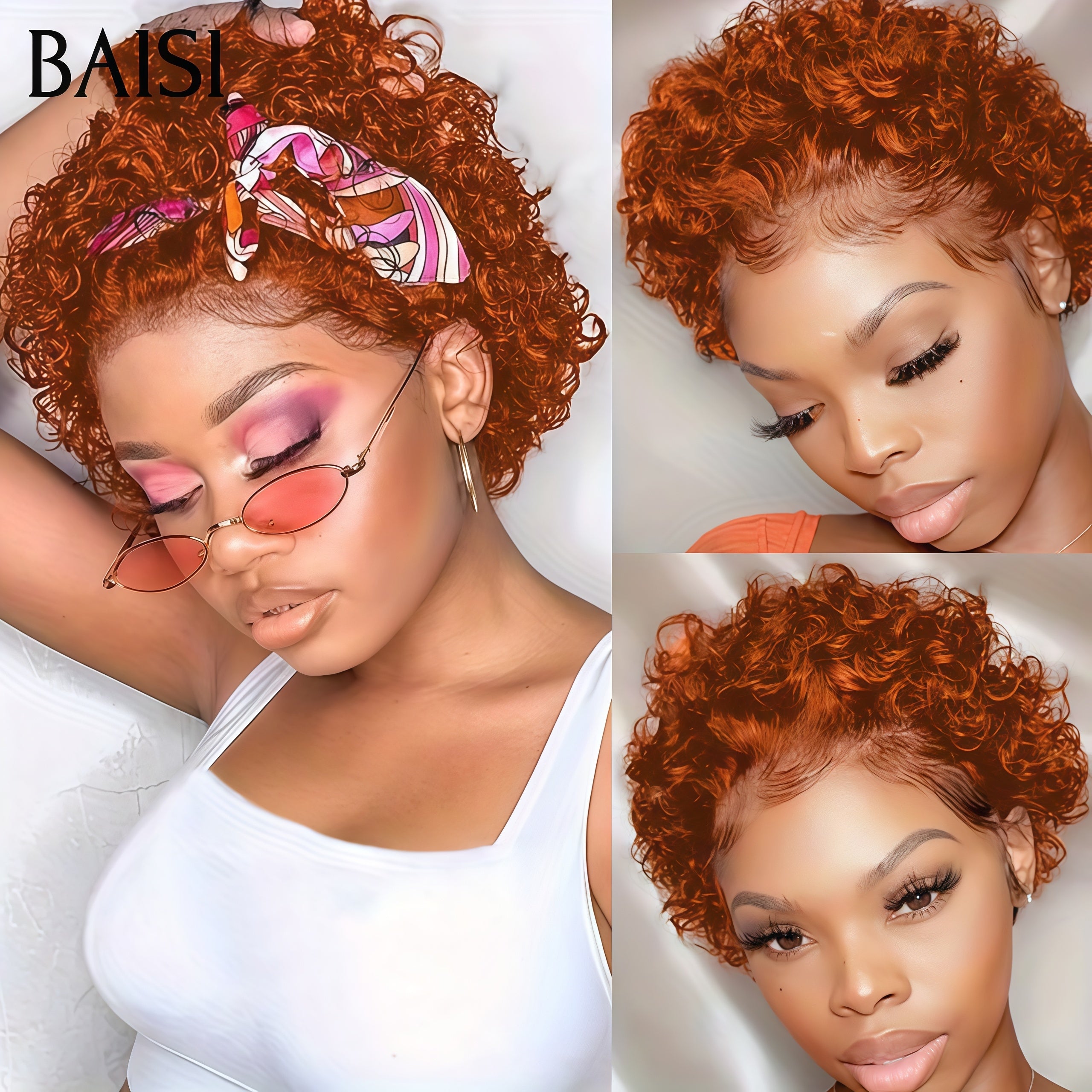 BAISI 13x4 lace frontal curly wave orange 54€ ou Promo 45€ arrivage pixie coupe fabriqué à la machine En 100% Cheveux Humains En blonde #613 ou afro curly NOIR