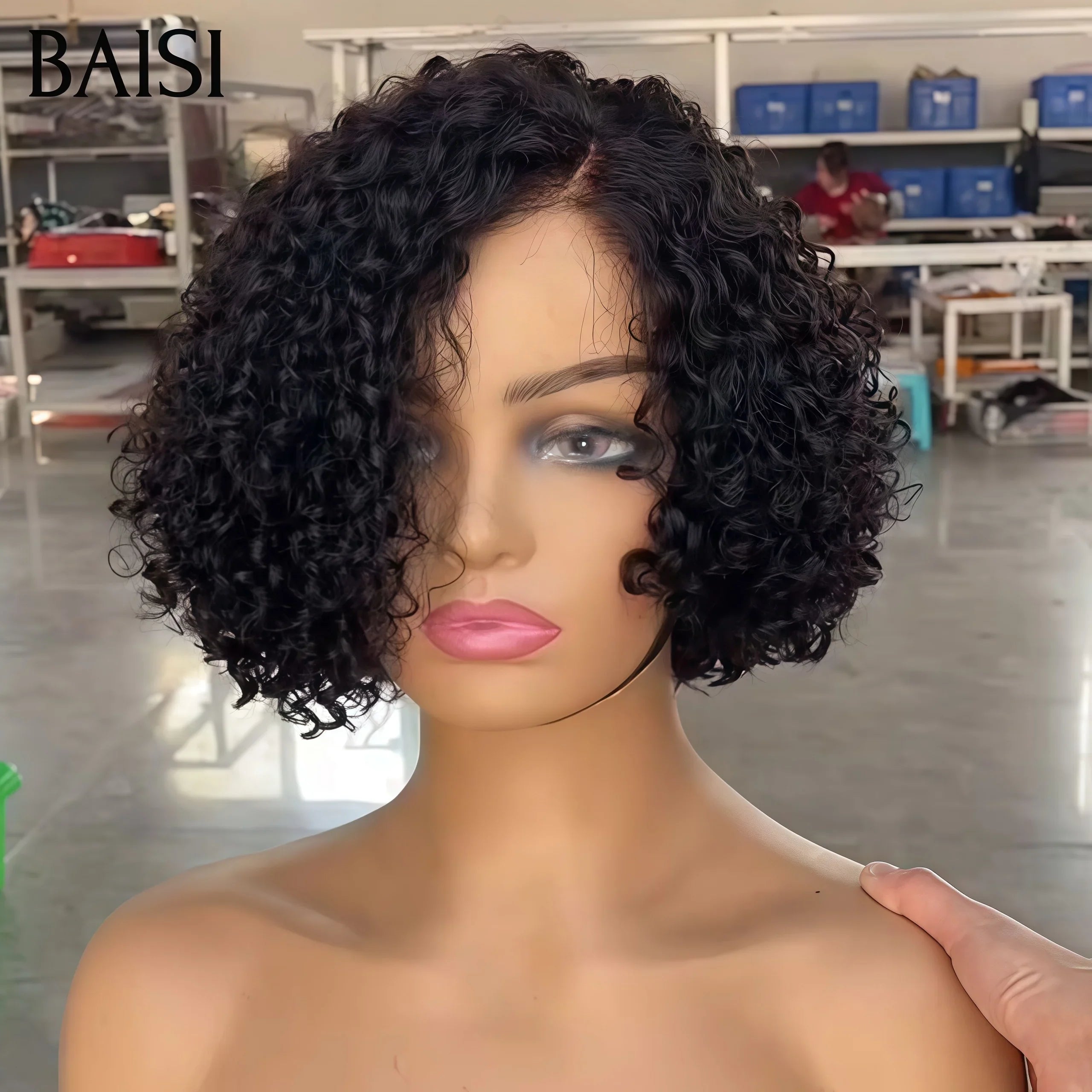 BAISI Pixie Wig 4X4 Egg Curls Black Side Parting 1B# €79 in 100% Human Hair BAISI20
