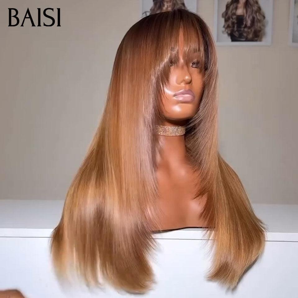 BAISI Perruque Lisse avec Frange 30# miel ou Bouclée curly Wave avec Frange 18 Pouces 300% densité en Couleur marron en 100% Cheveux Humains FR20