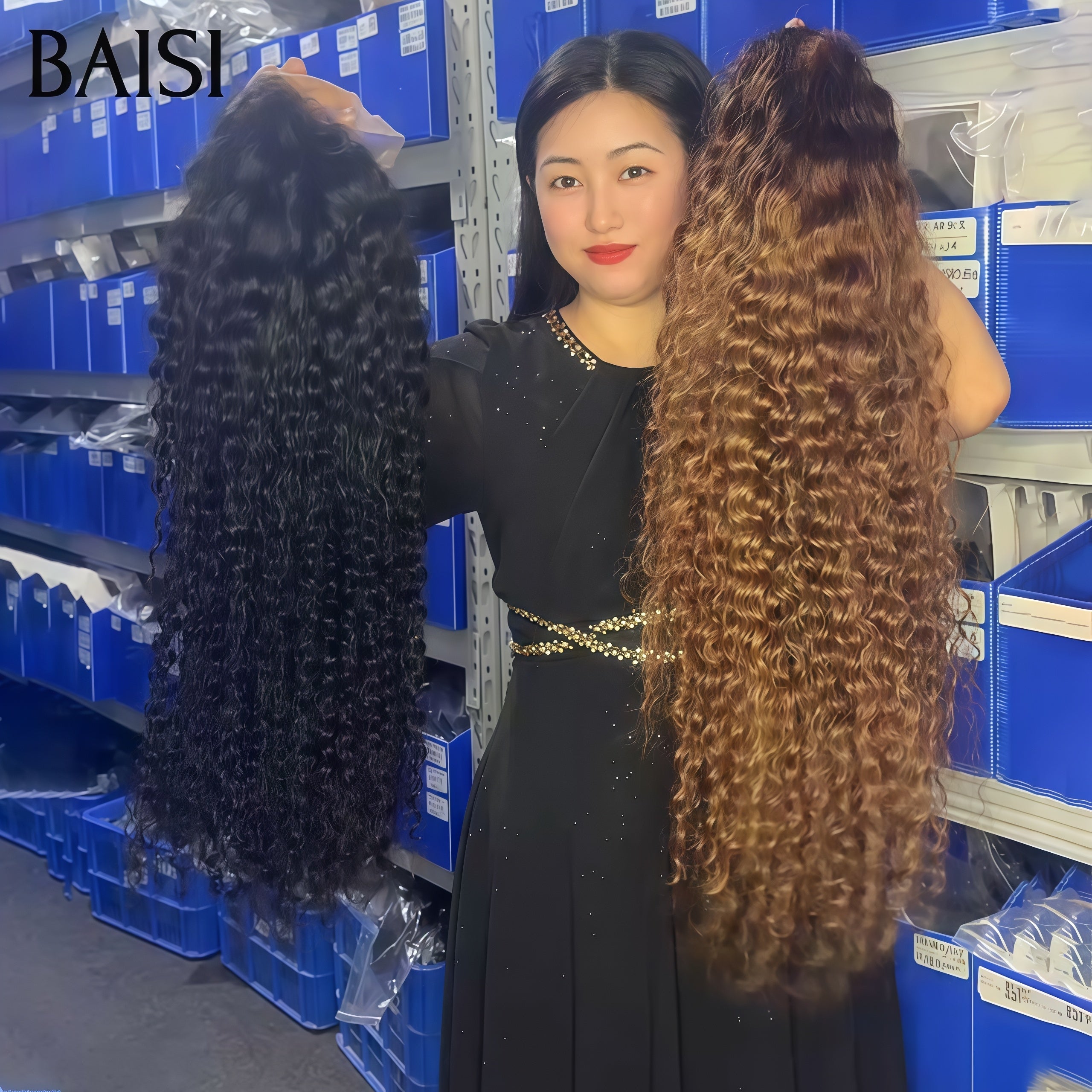 BAISI Promotion 2 perruques 239€ 13X4 lace frontal 22 pouce Curly Marron et NOIR 100% vrais cheveux humains BS120