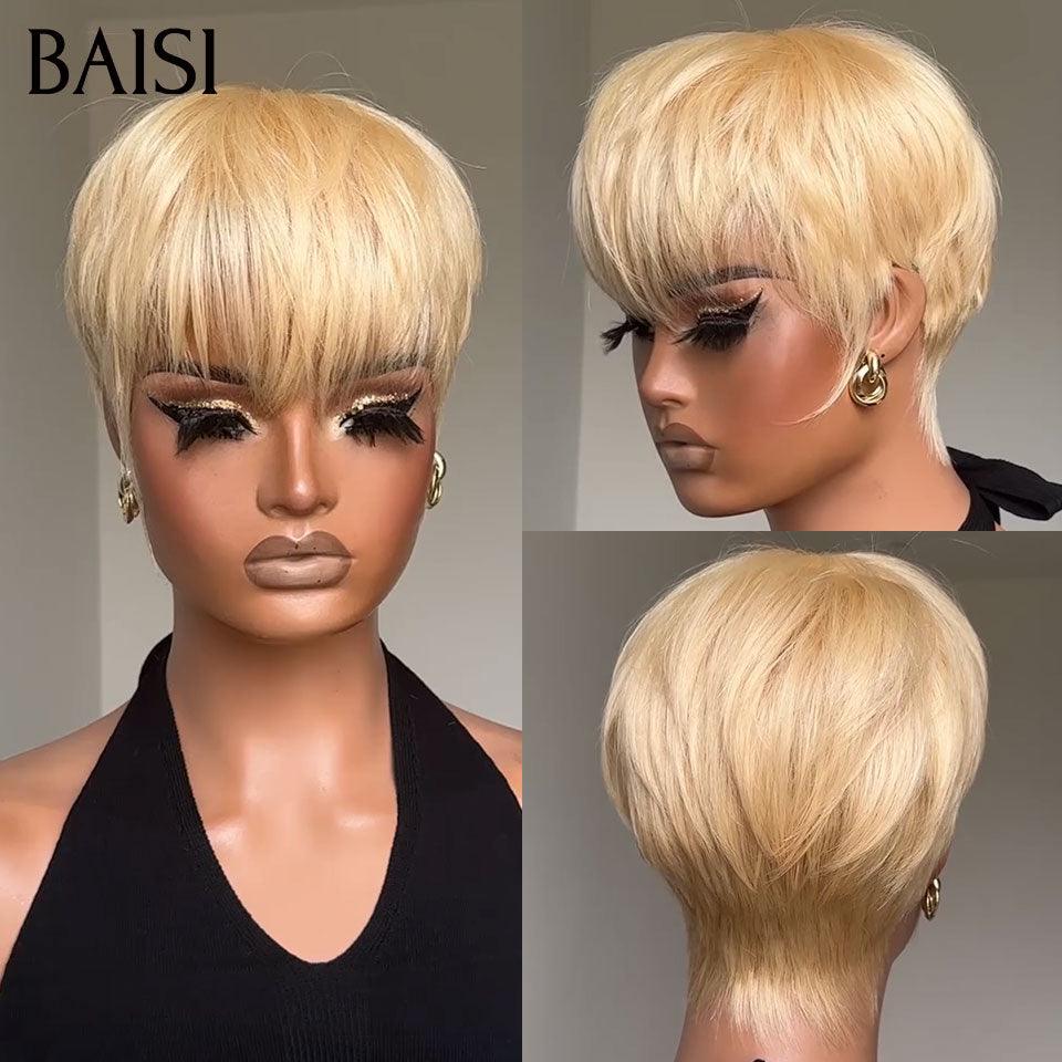 BAISI Perruque 4 Pixie Lisse en 4 couleurs orange ou marron ou blonde ou gris moitié prix sans colle sans lace 100% Cheveux Humains Fabriqué à la Machine MP50