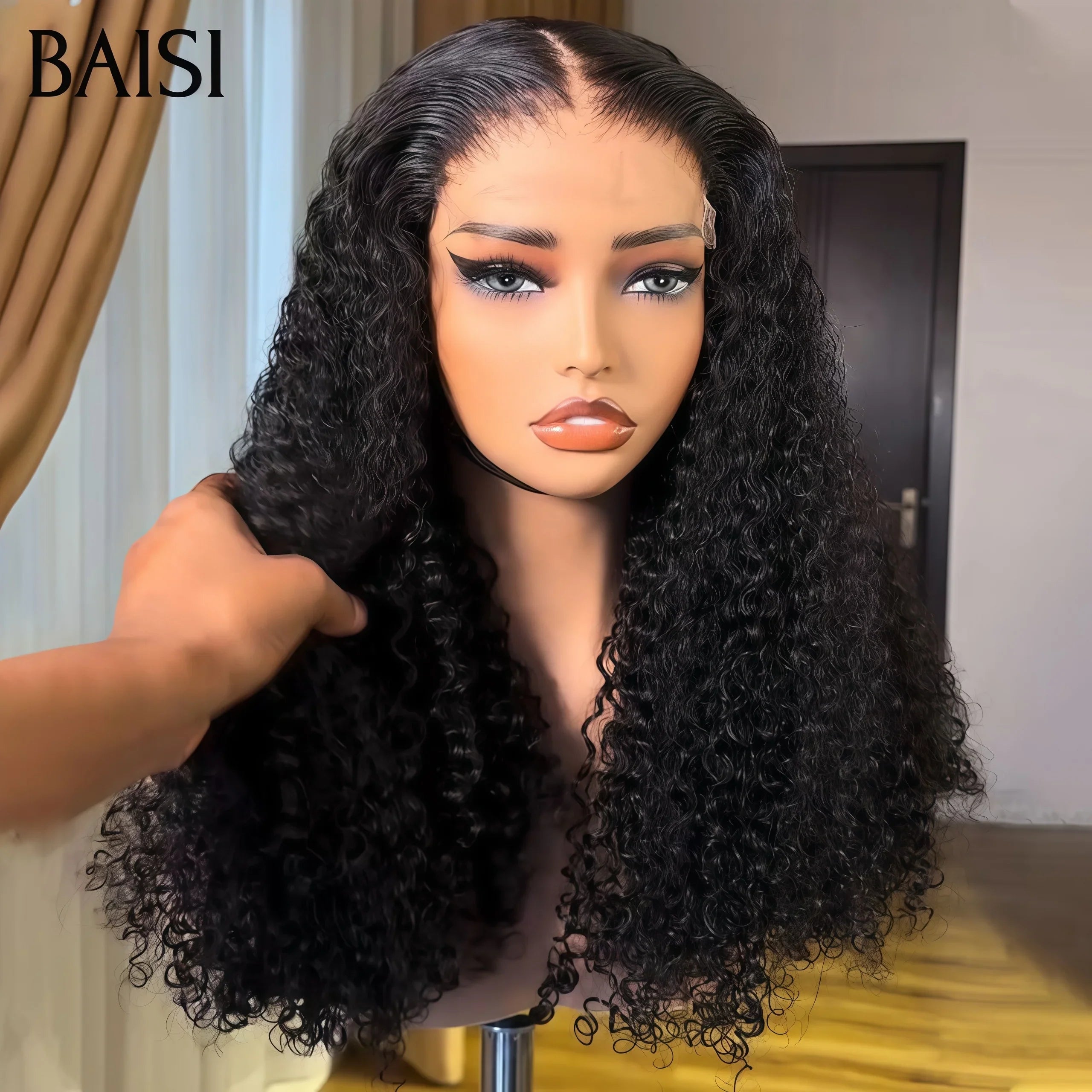 BAISI 4X4 lace closure Perruques 16 pouces 145€ de Luxe Volume 250% densité noir Curly Wave double drawn mèches vièges en 100% Cheveux Humains FR20