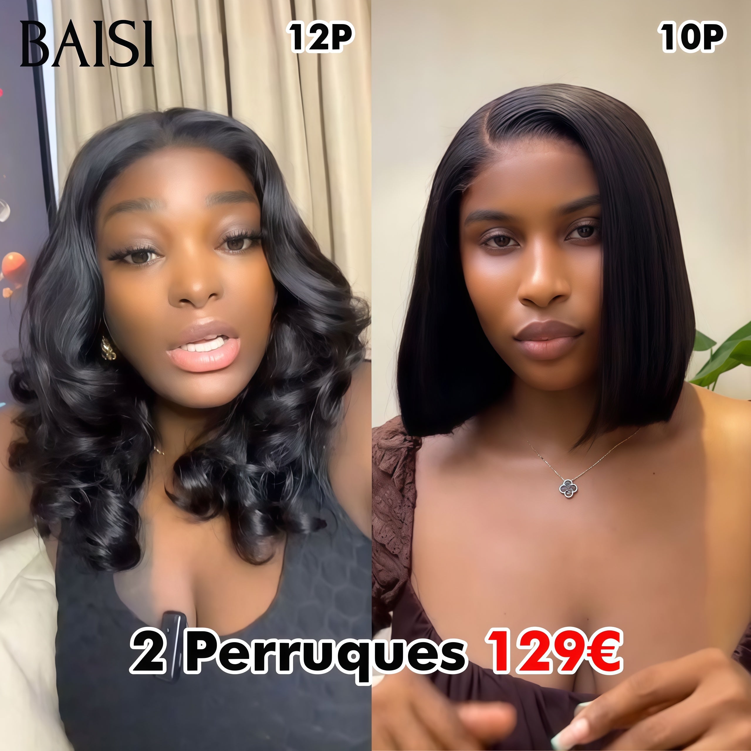 BAISI vente flash 2 perruques 129€ Prix de gros aujourd'hui 4X4 lace closure 10 pouces et 13x4 lace frontal egg wave 12 pouces en 100% vrais cheveux humains