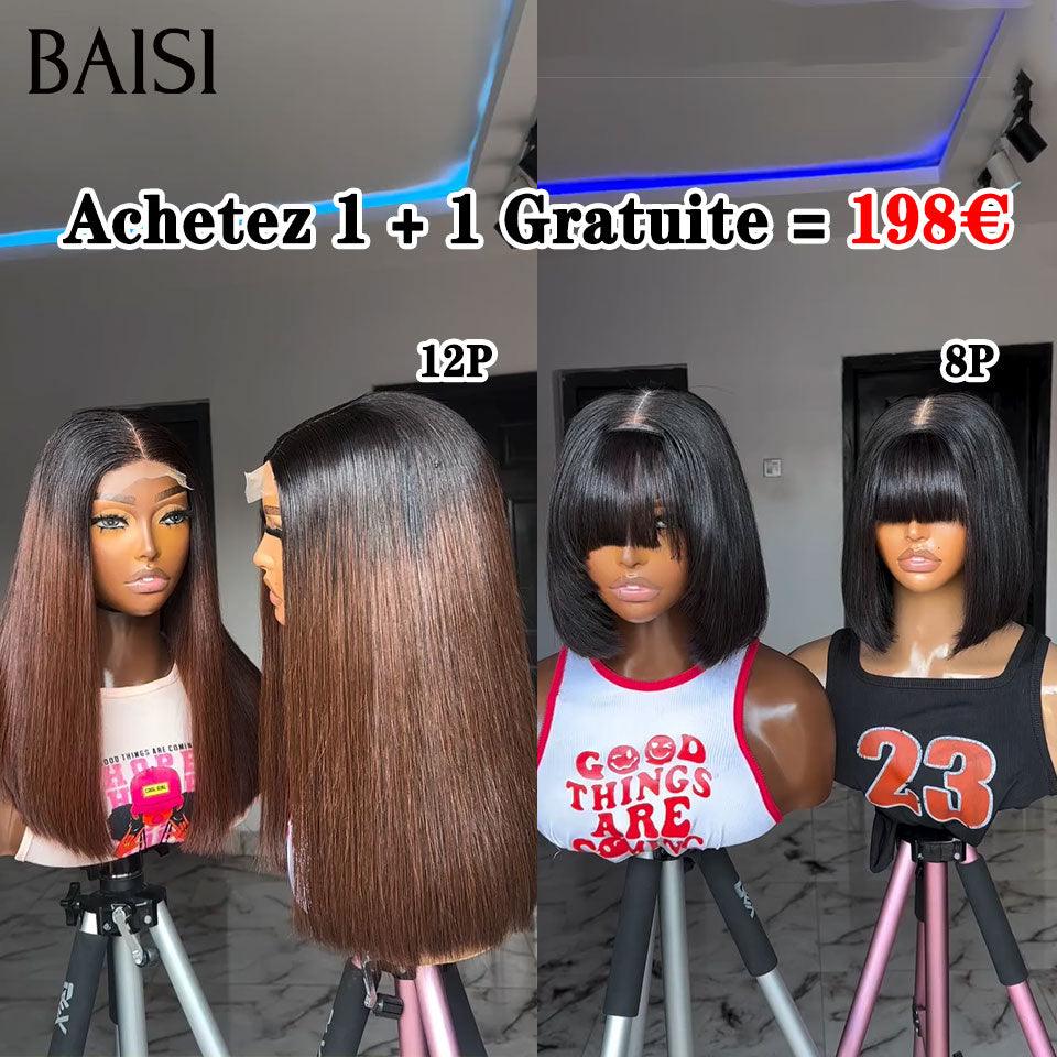 BAISI Achetez 1 + 1 Gratuite = 198€ 4X4 lace Marron 1BT4# 12 Pouces et Lisse avec Frange 8 Pouces DE luxe ou Perruque Lisse AVEC FRANGE en couleur #1BT99J en 100% Cheveux Humains