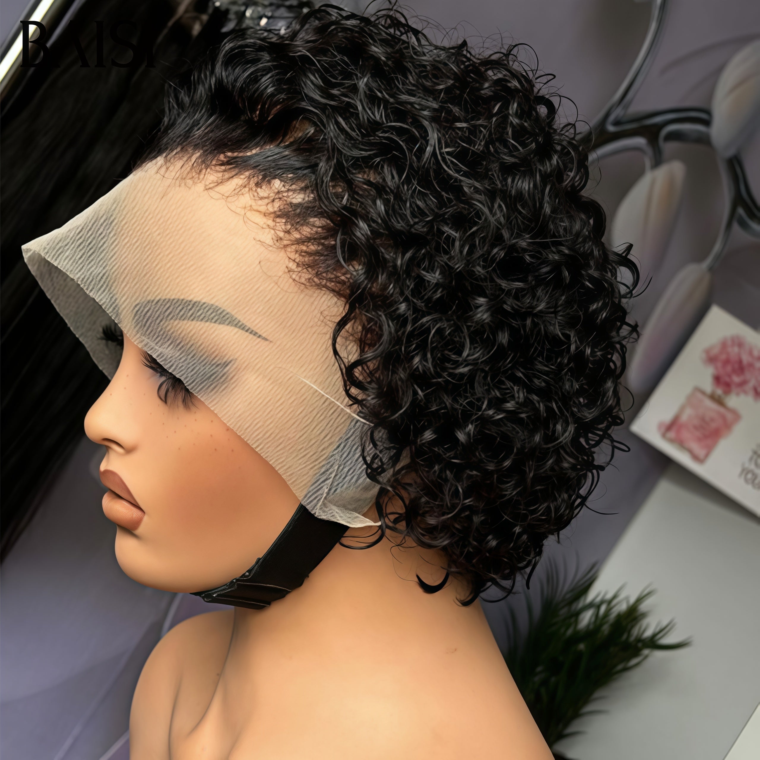 BAISI 13X4 lace frontal pixie curly 45€ NOIR ou 109€ Perruque en Couleur blonde 613# en 100% Cheveux Humains FR38