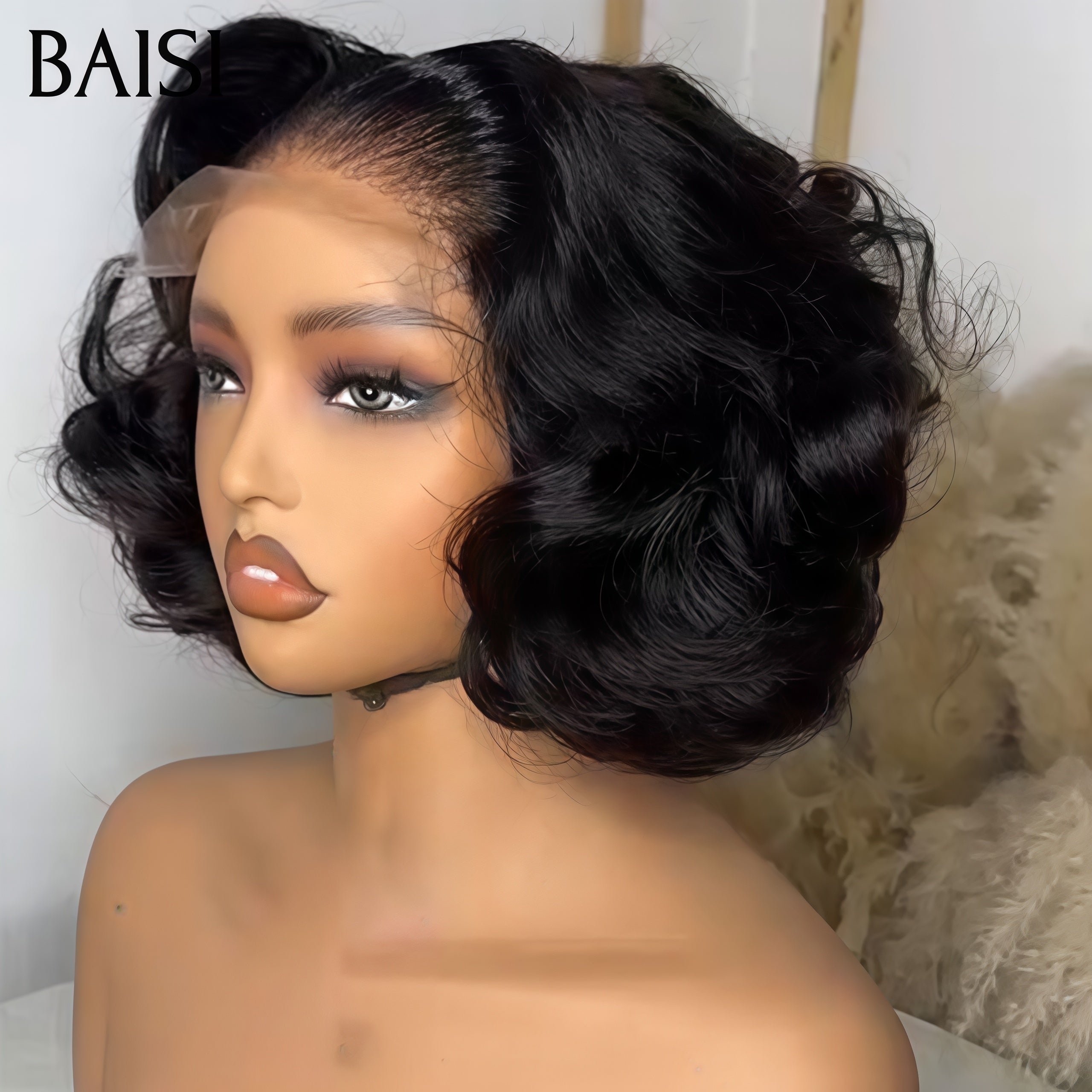 BAISI Perruque 5X5 bouclés Egg wave NOIR Moitié Prix 79€ 10 Pouces 300% haute densité personnalisé plus de 20 ans d' utilisations en 100% Cheveux Humains MP50