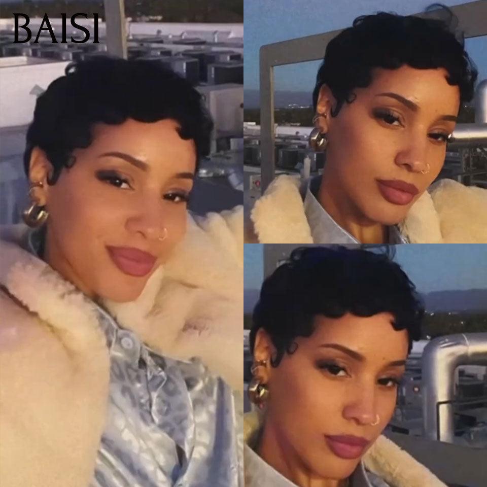 BAISI Femme VIP 13X4 lace Perruque Pixie vague En Couleur noir 56€ Sans Colle finger wave 46€ en 100% Cheveux Humains