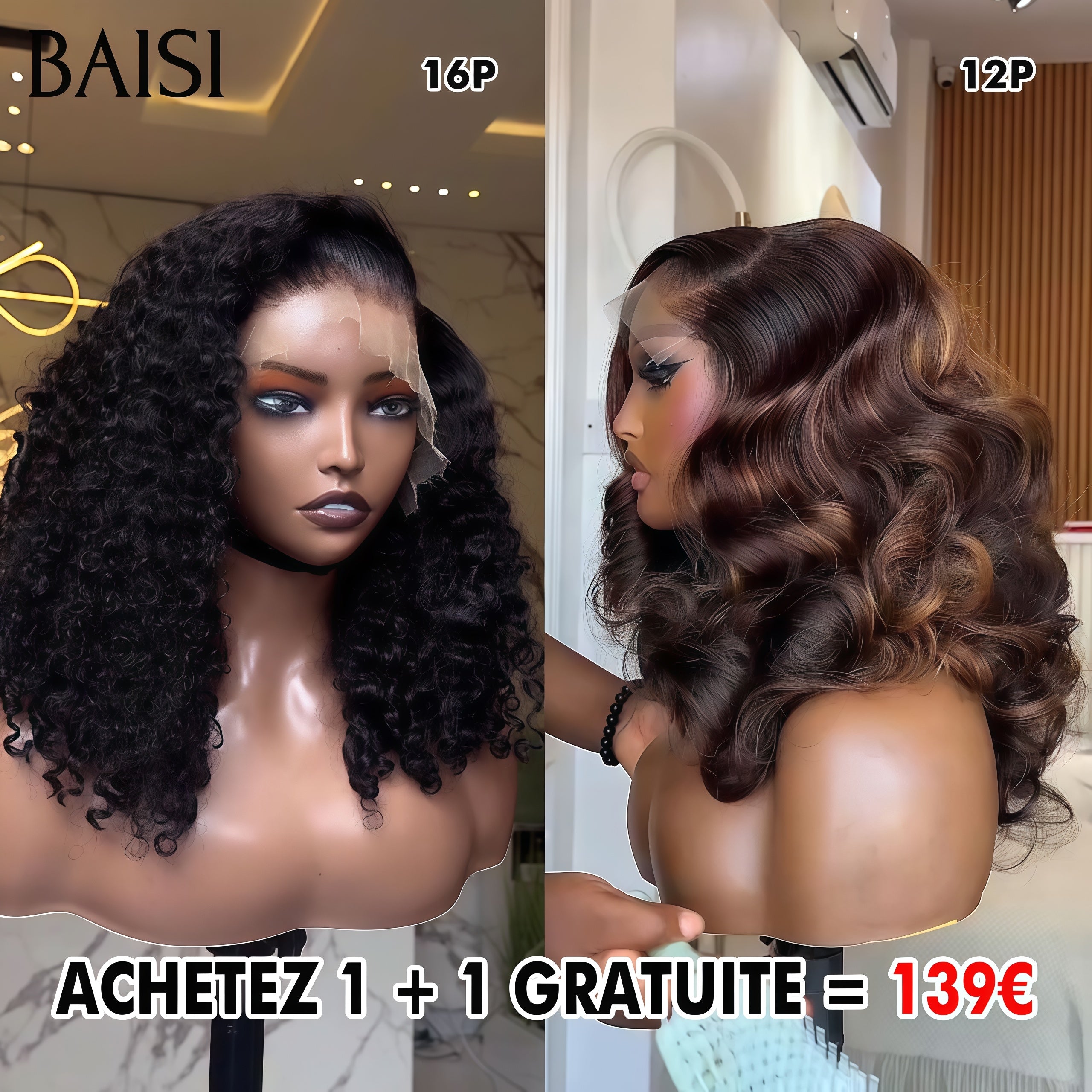 BAISI Achetez 1 + 1 Gratuite = 139€ Perruque 13x4 lace frontal curly wave 16 Pouces et 5x5 lace egg wave 12 Pouces en 100% vrais cheveux humains