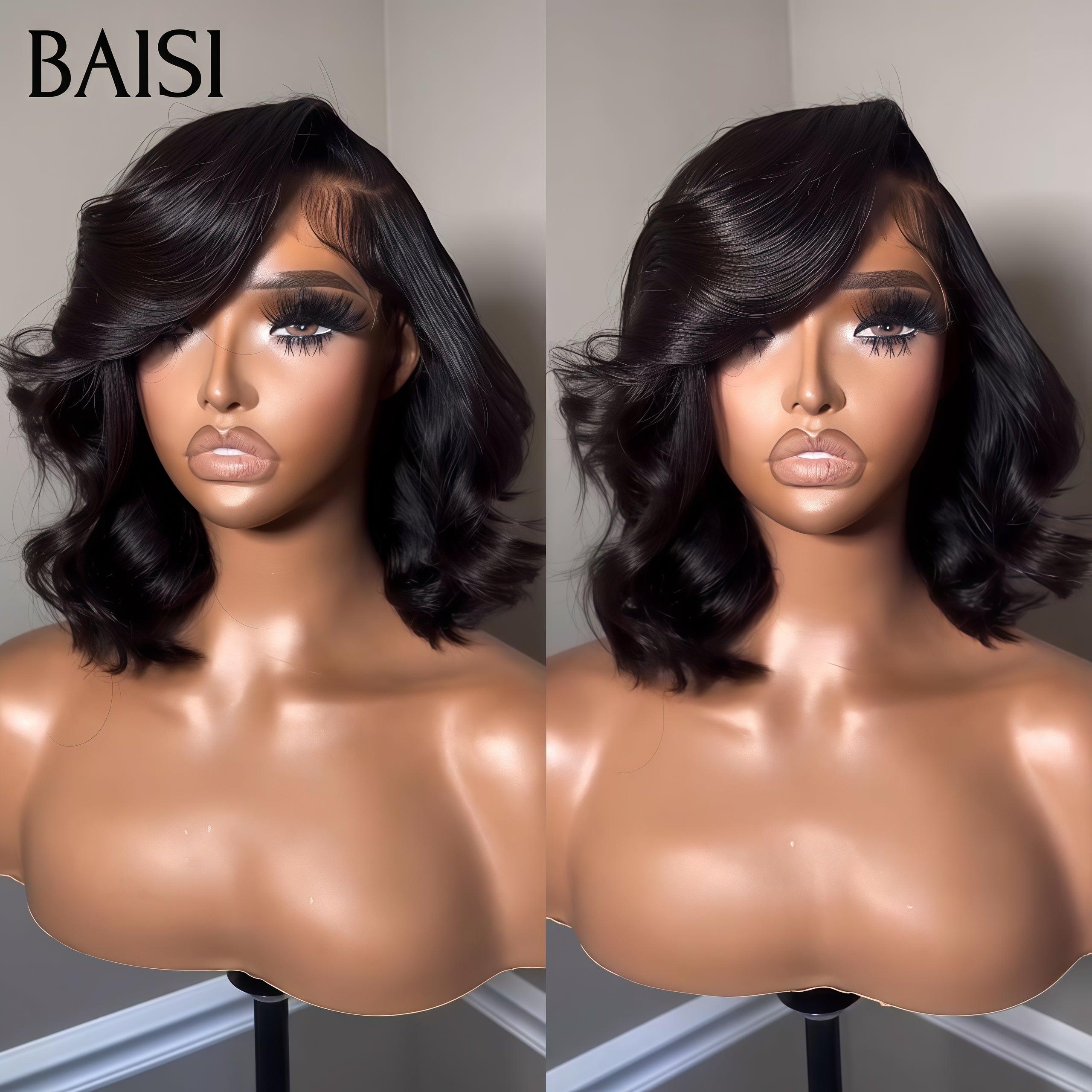 BAISI 13x4 gerade Bob-Perücke in Schwarz, leimloser Spitzenfrontschnitt, einfach zu tragen, 100 % Echthaar B