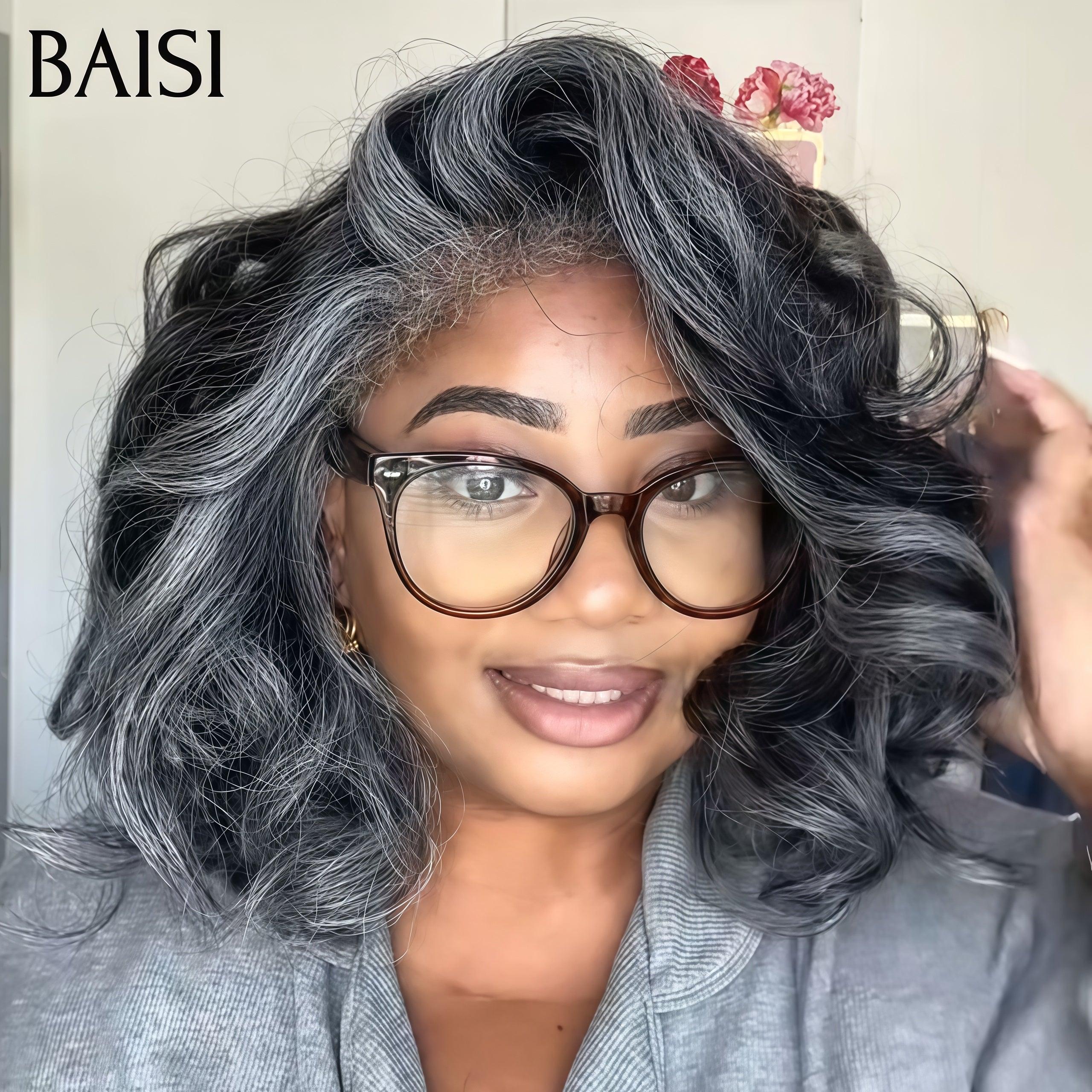 BAISI Collection Poivre et Sel 13X4 Perruques de Luxe Haute Qualité kinky mixte gris 4C 12 pouce 250% densité plus de 20 ans d' utilisations