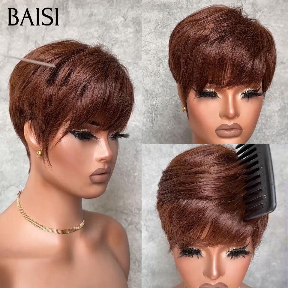 BAISI Perruque 4 Pixie Lisse en 4 couleurs orange ou marron ou blonde ou gris moitié prix sans colle sans lace 100% Cheveux Humains Fabriqué à la Machine MP50