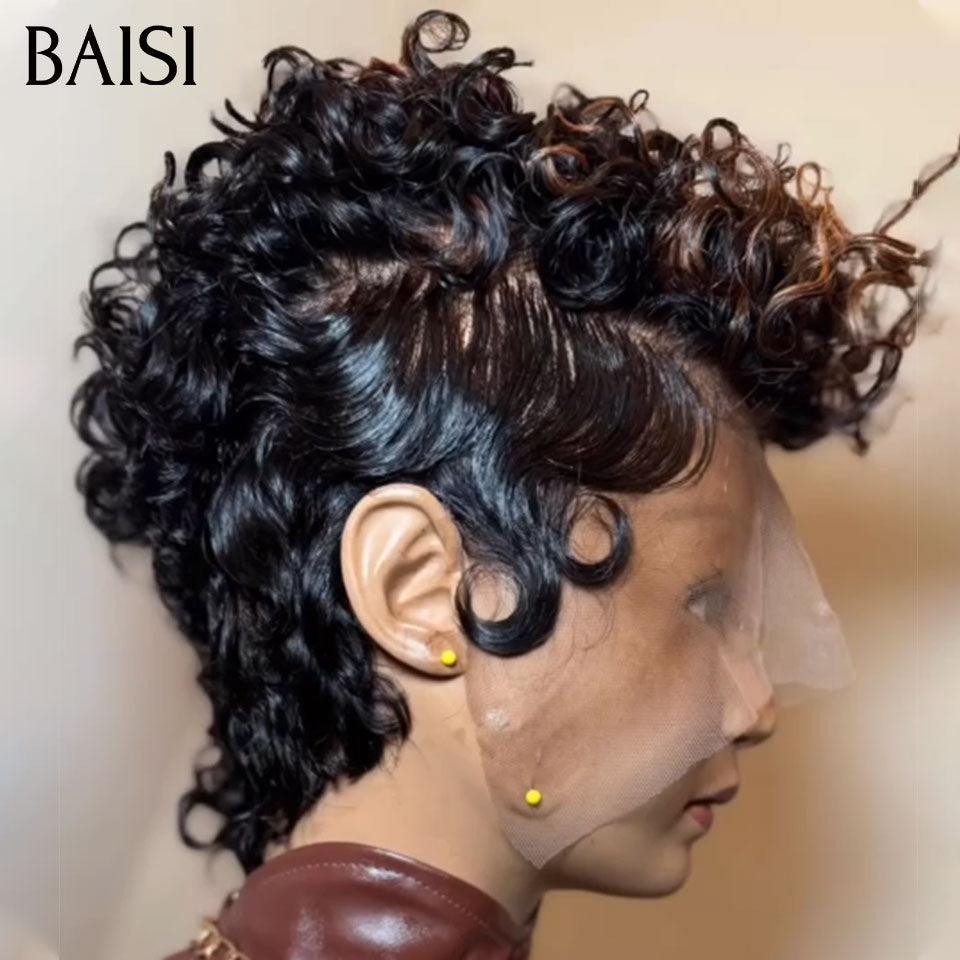 Parrucca ondulata BAISI Taglio pixie taglio intero in pizzo Onda con dita taglio piccolo in colore nero in capelli umani al 100% BS50