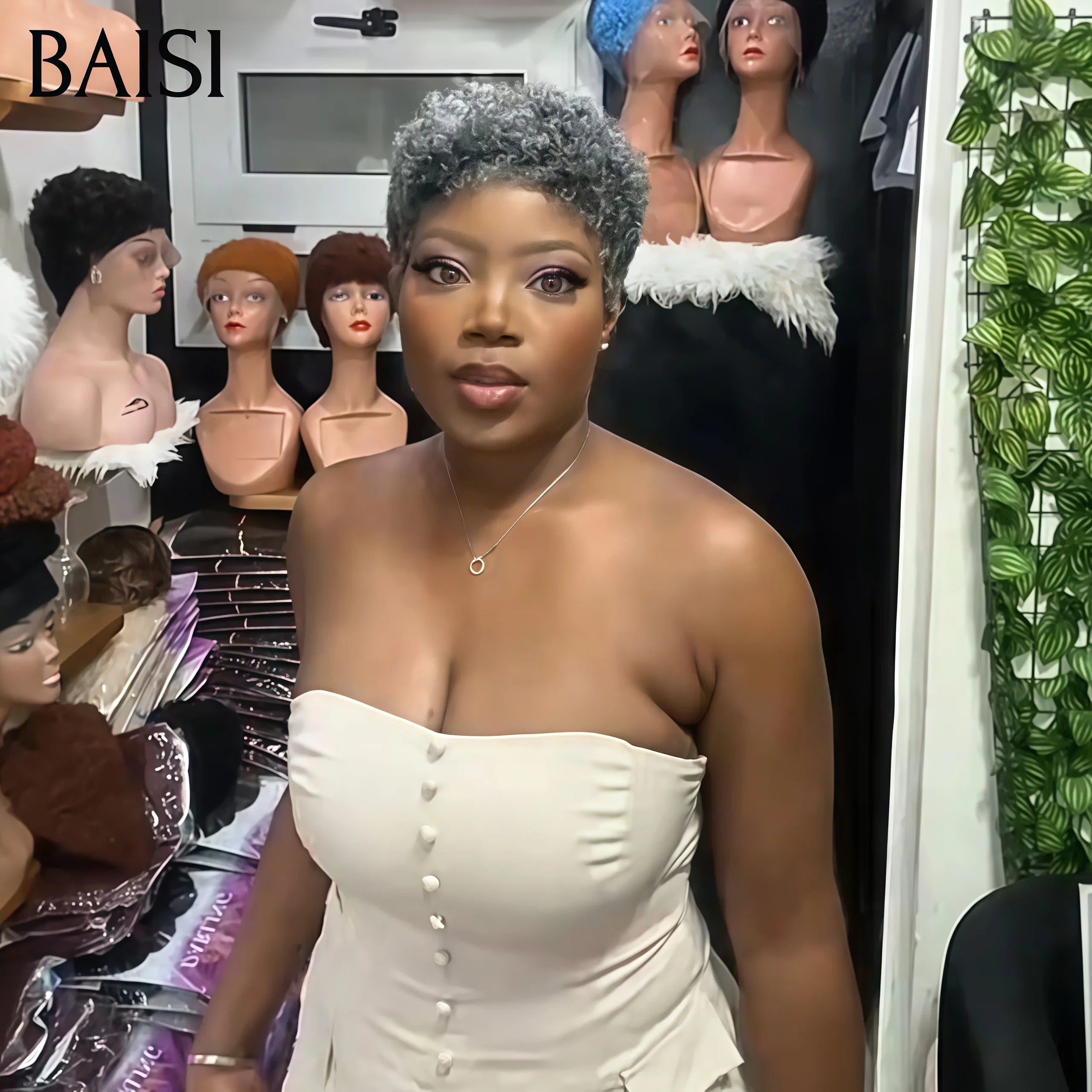 BAISI Pixie Afro Curl Wig 13x4 renda frontal encaracolada toda preta em cabelo 100% humano F-905