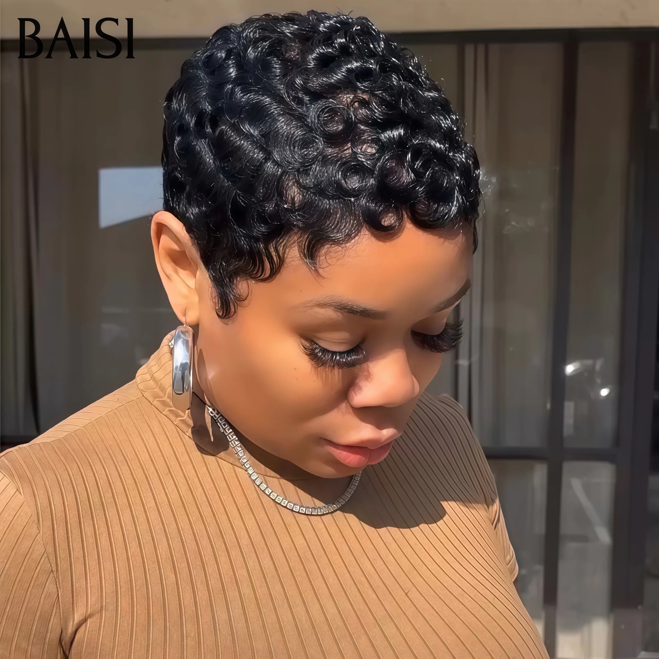 BAISI 13X4 kurze Pixie-Fingerwellen-Perücke in rosa Farbe 88 € in 100 % Echthaar BS50