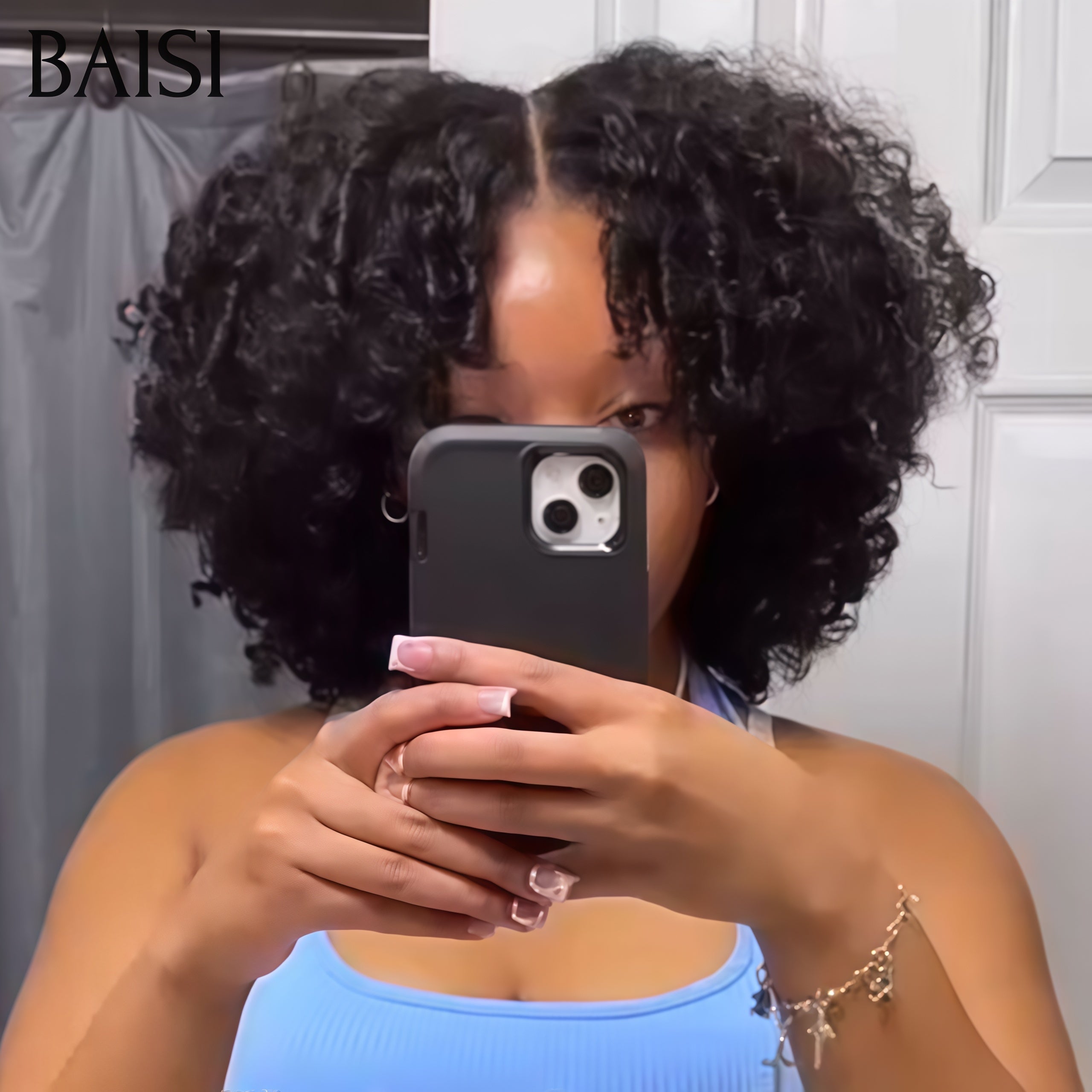 BAISI lace 13X4 frontal Perruque curly Wave 200% Densité BOB 14 Pouces 79€ Pré-plucked Pas Besoin de Colle en 100% Cheveux Humains