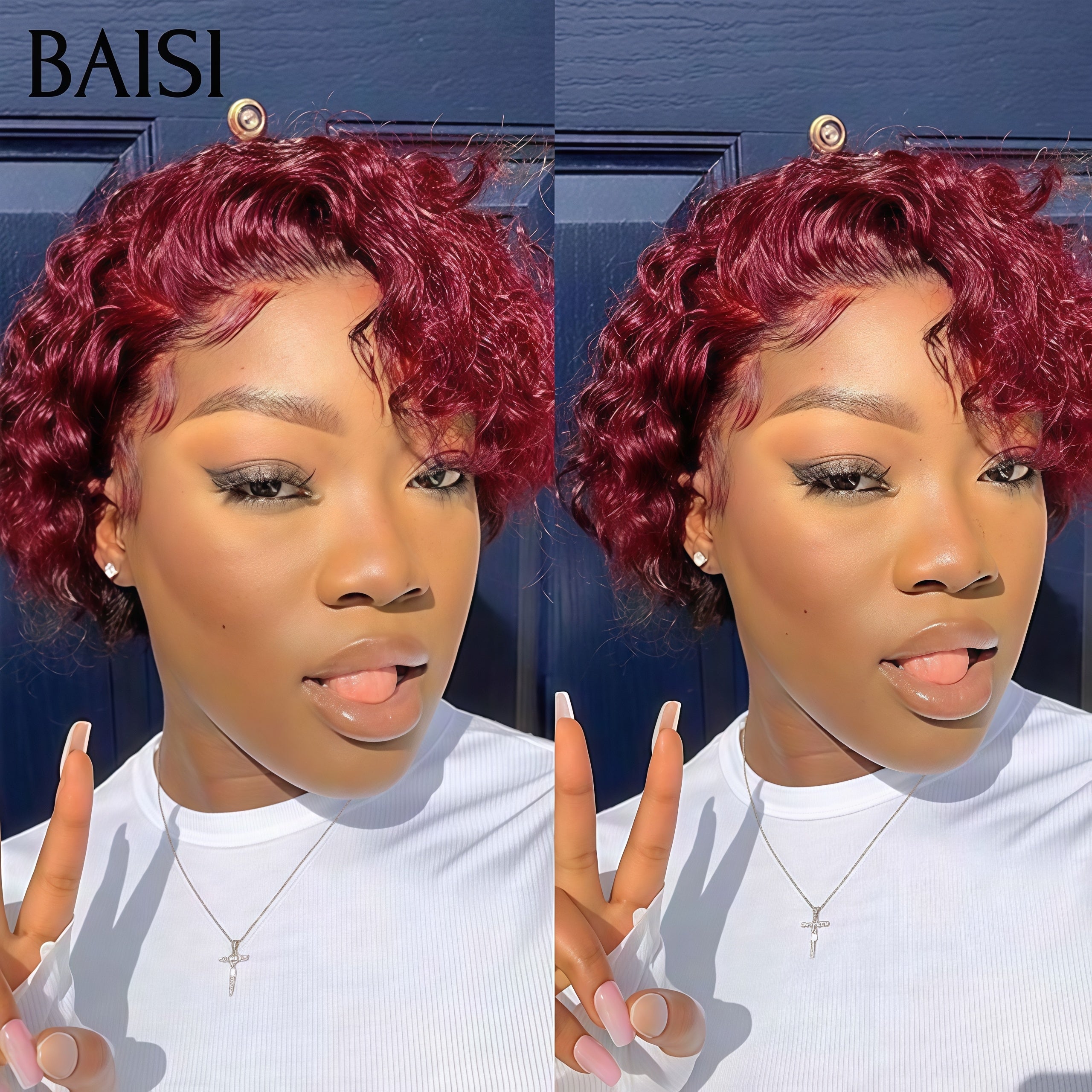 BAISI 13x4Lace frontal Pixie curly wave wig in Bordeaux or Brown color in 100% Real Human Hair