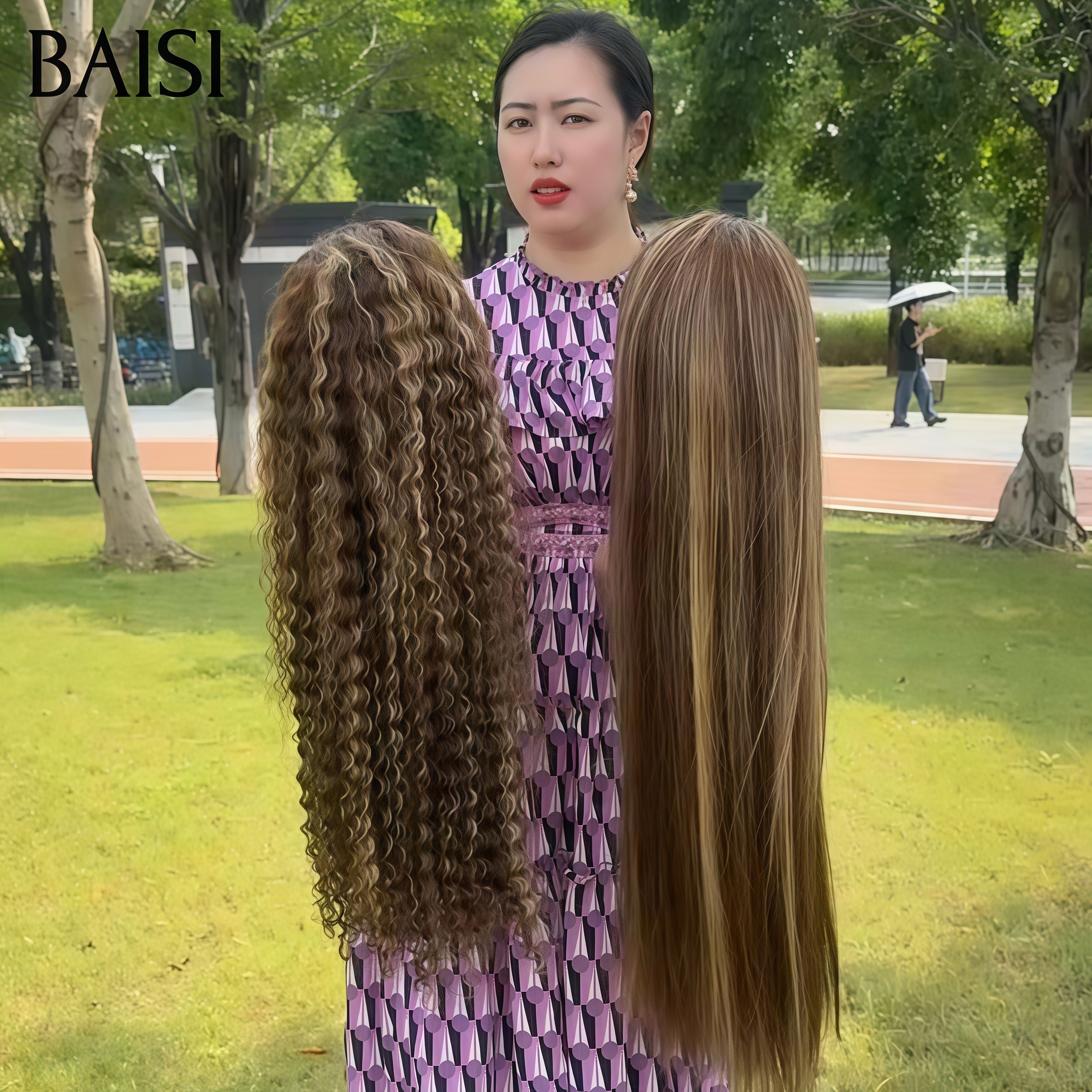 BAISI Lot de 2 perruques 300€ 13X4 lace frontal Lisse et curly wave Marron Mixte Miel 32 Pouces 100% vrais cheveux humains VIP100