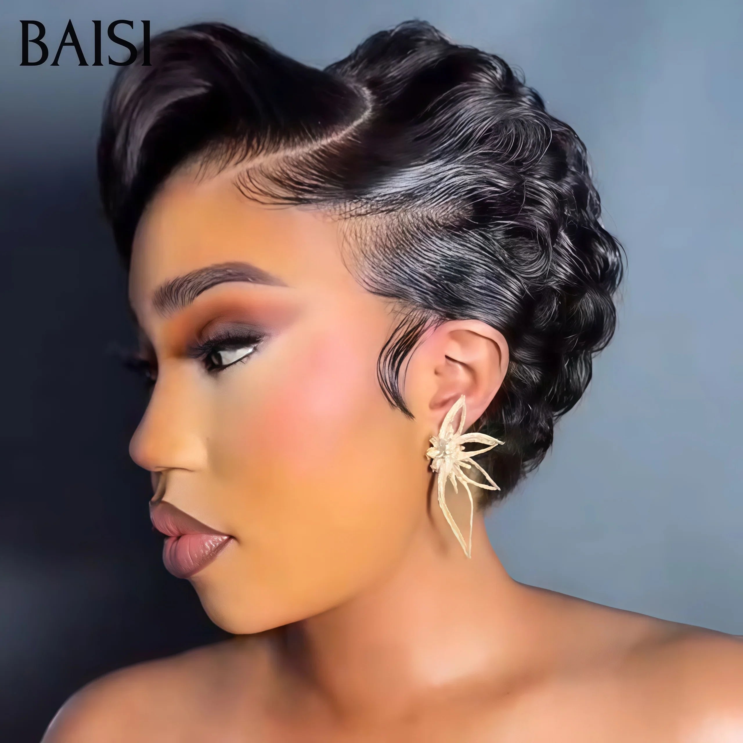 BAISI 13X4 Lace Frontale Perruque Pixie Finger Wave petite coupe en Couleur 30# 77€ ou NOIR 56€ En 100% Cheveux Humains