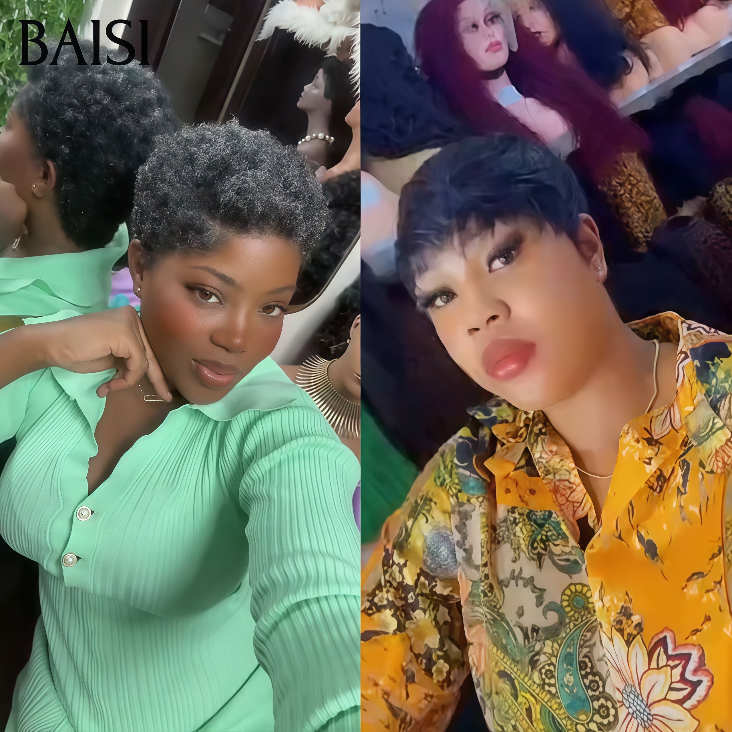 BAISI 2 Perruques 68€ Sans Colle san lace afro curly gris et Lisse NOIR Vente Conbinée 100% Cheveux Humains Fabrication à la Machine