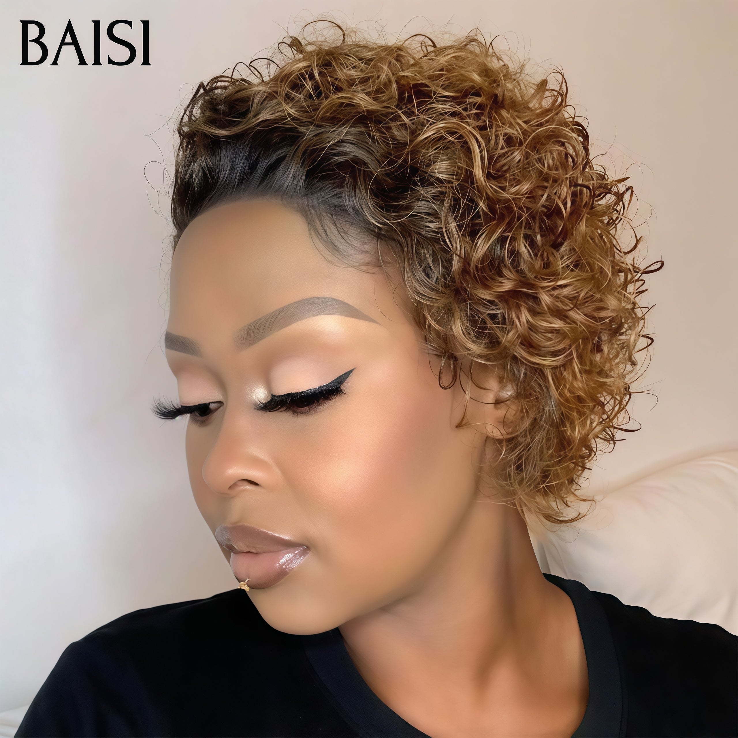 BAISI Pixie Cut Lace Frontal 13x4 Curly wave en couleur Mixte 4T30# 52€ ou Marron 69€ en 100% Vrais Cheveux Humains D