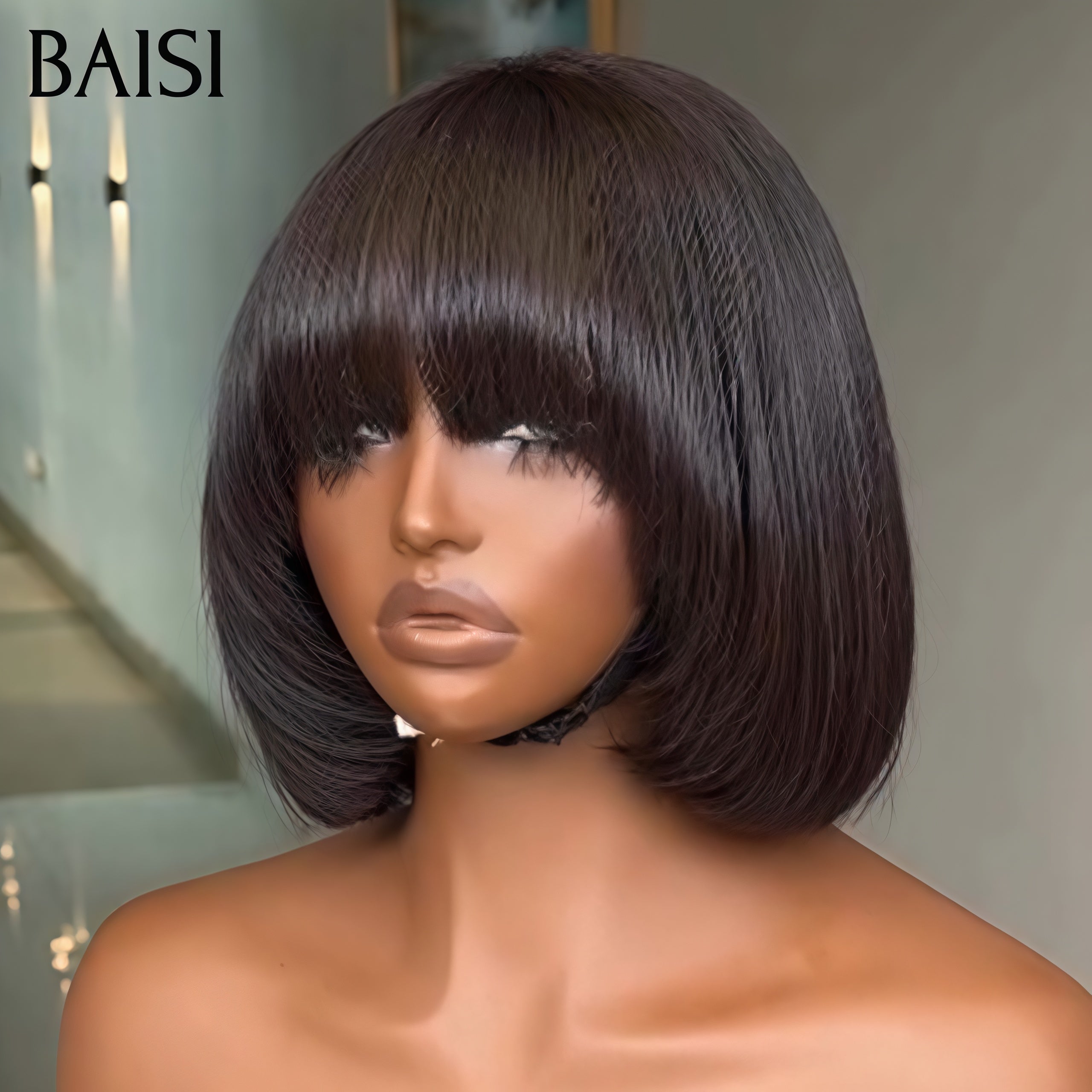 BAISI Perruque Lisse avec Frange 8 Pouces 59€ ou 18 Pouces en Couleur Noir En 100% Vrais Cheveux Humais 149€ Code : BS120
