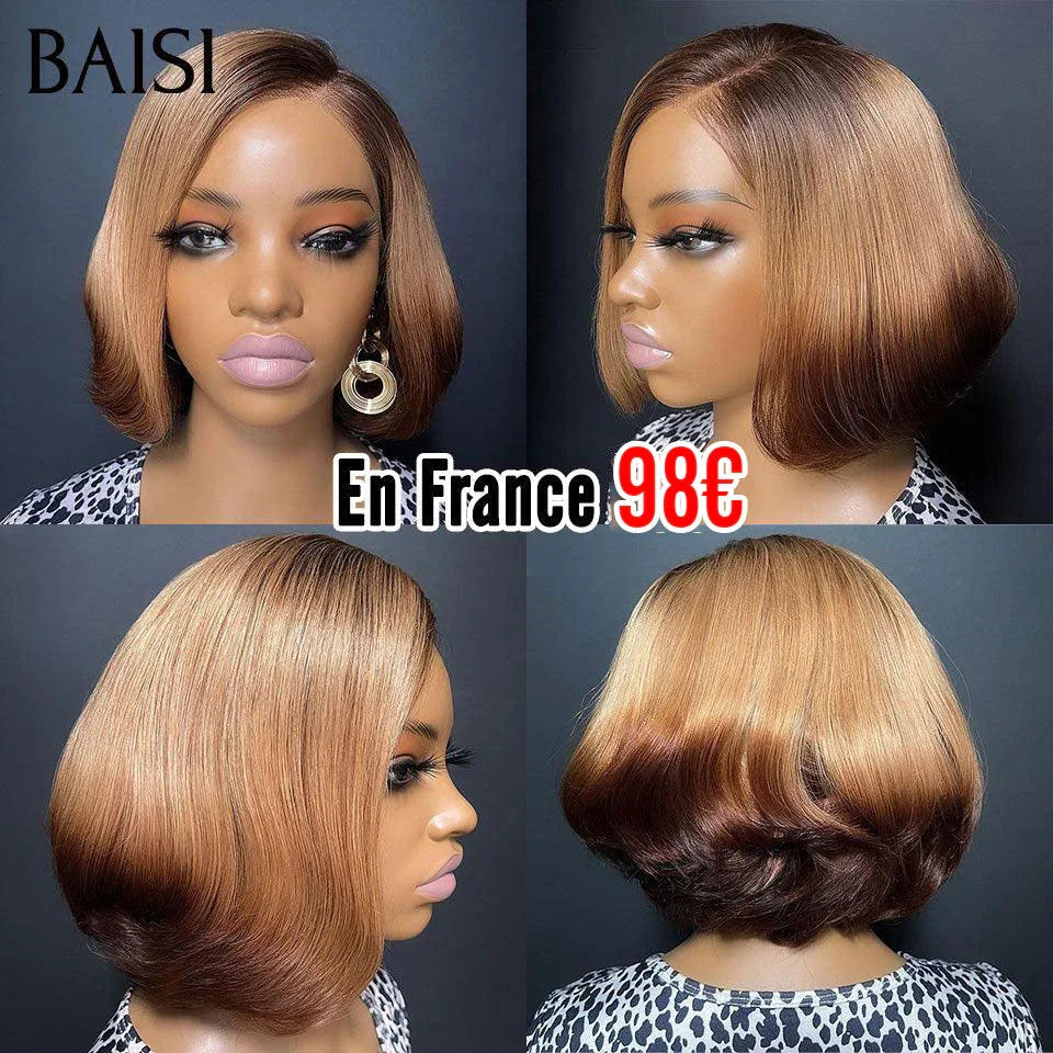 BAISI Perruque Lisse bob Coupe personnalisée 10 pouces 98€ Pré-plucked Pas Besoin de Colle en 100% Raw Hair Lace déjà couper 300% densité plus de 20 ans d' utilisations FR38