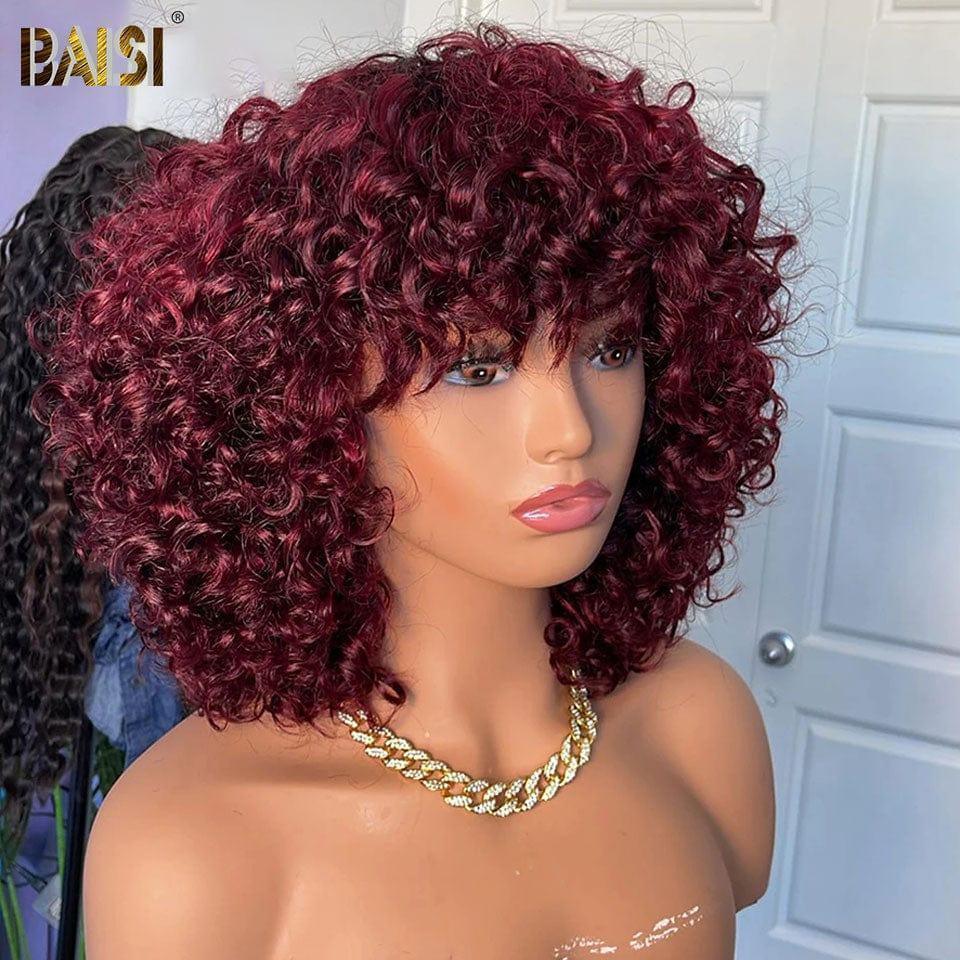 BAISI Perruque Bouclée Egg Wave 69€ NOIR ou Marron #4 ou orange ou 99J avec Frange Sans Lace Sans Colle en 100% Cheveux Humains