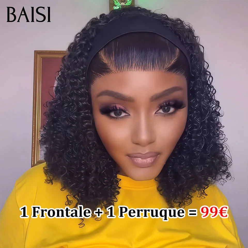 BAISI Grande lace frontale avec natte prête à porter sans colle simple et efficace résultat beau et naturel ou perruque bouclée ou curly wave avec natte 10 Pouces 99€