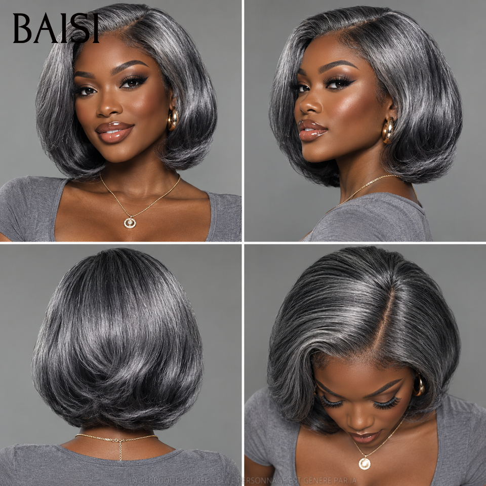 BAISI Collection Poivre et Sel 13X4 Perruque 8Pouces 128€ Bob Lisse noir mixte gris Pré-plucked Pas Besoin de Colle en 100% Raw Hair Lace déjà couper