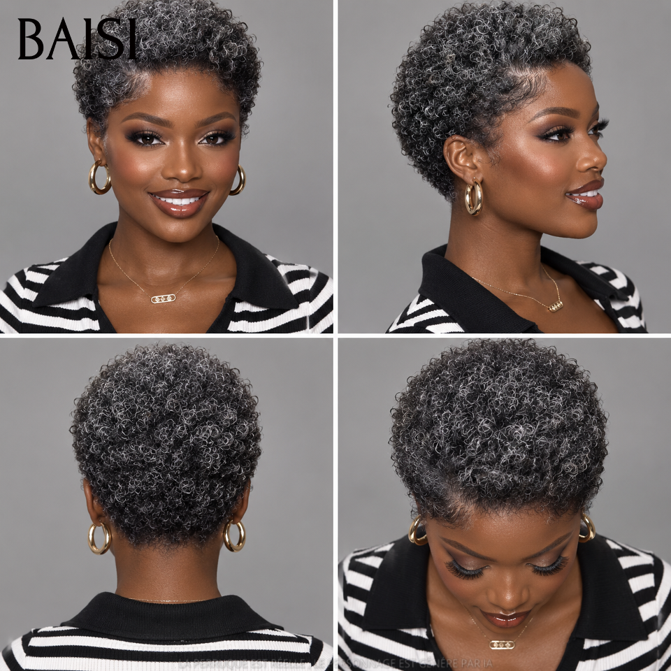 BAISI Collection Perruques Poivre et Sel pixie 66€ afro curly Gris sophistiqué sans Colle Fabriqué à la Machine en 100% Cheveux Humains