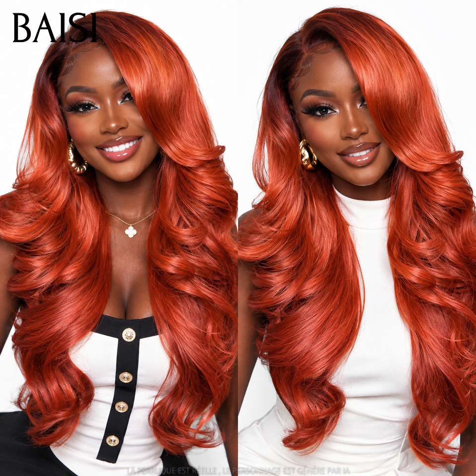 BAISI 13X4 Peruca Body Wave Longa em Cor Laranja #4T350# em 100% Cabelo Humano
