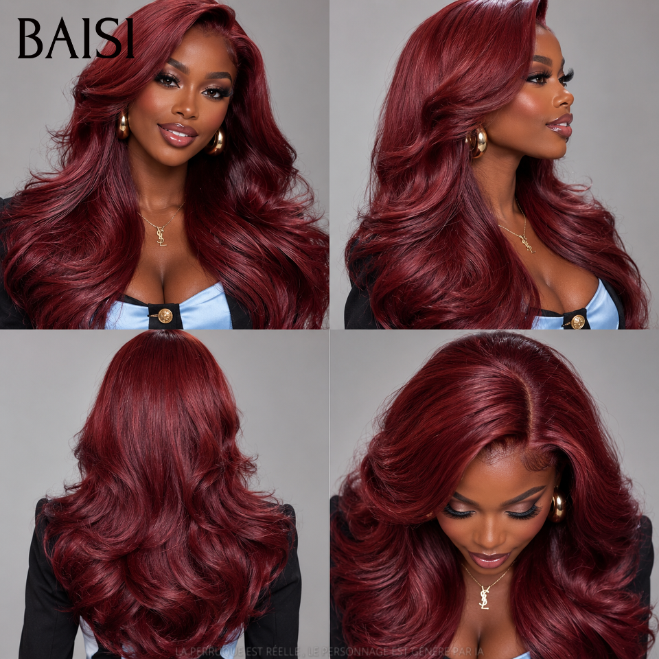 BAISI 13X4 Body Wave Wig in Burgundy #99J Pre-plucked No Glue Needed 100% Raw Hair, Lace Pre-cut