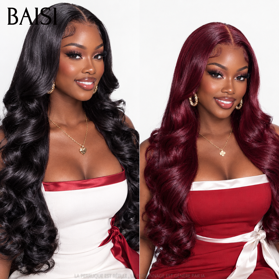 BAISI Lot de 2 Perruques 20 pouces 185€ 13x4 lace frontal body wave noir ou Bordeaux en 100% vrais cheveux humains