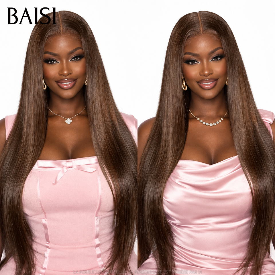 BAISI BLACK FRIDAY PROMO Perruque avec frontal Sans colle prêt à porter Personnalisée Marron Lisse De Haute Qualité, Livraison Gratuite