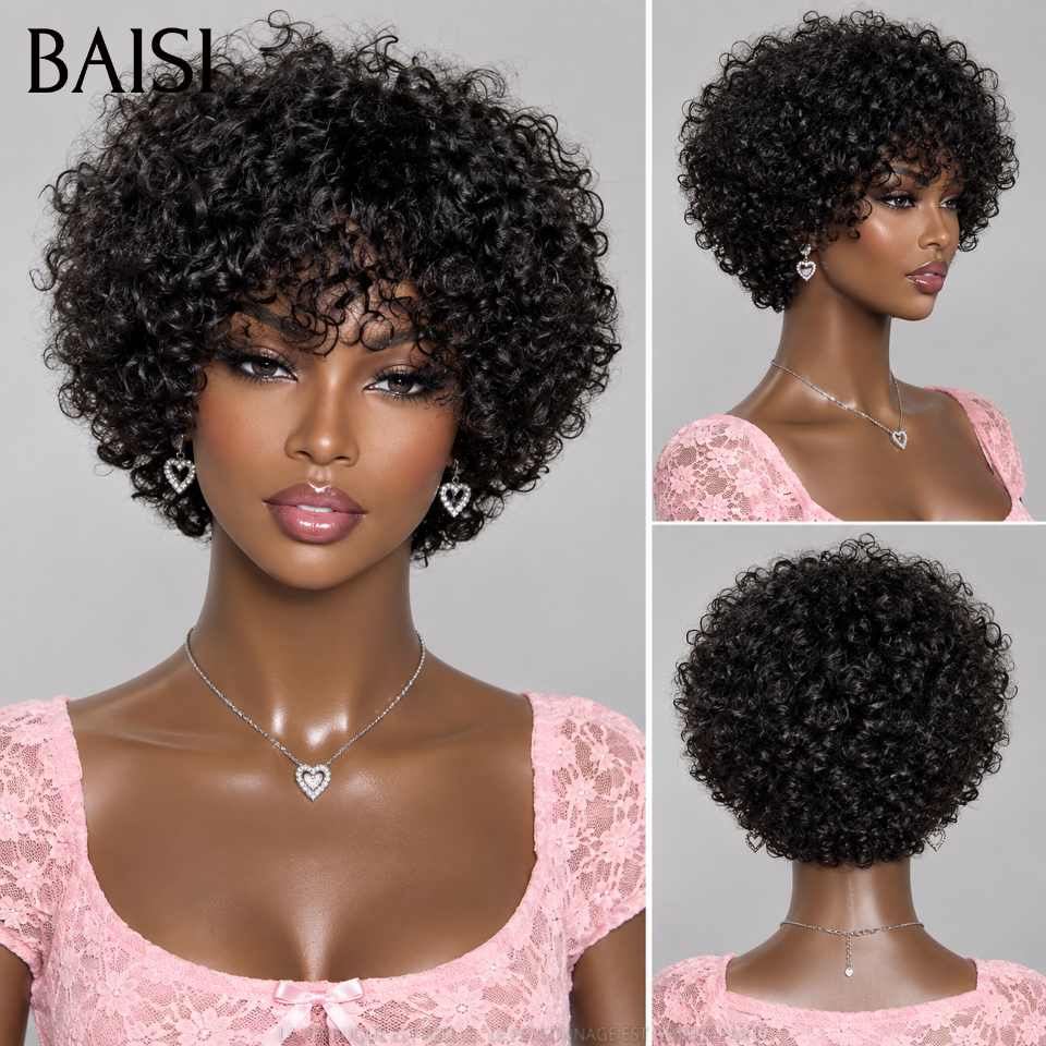 BAISI BAISI Achetez 2 perruques minimum au prix d'usine fournisseur 42€ Perruque Bob pixie curly wave avec Frange en Noir Sans Lace sans colle en 100% Cheveux Humains