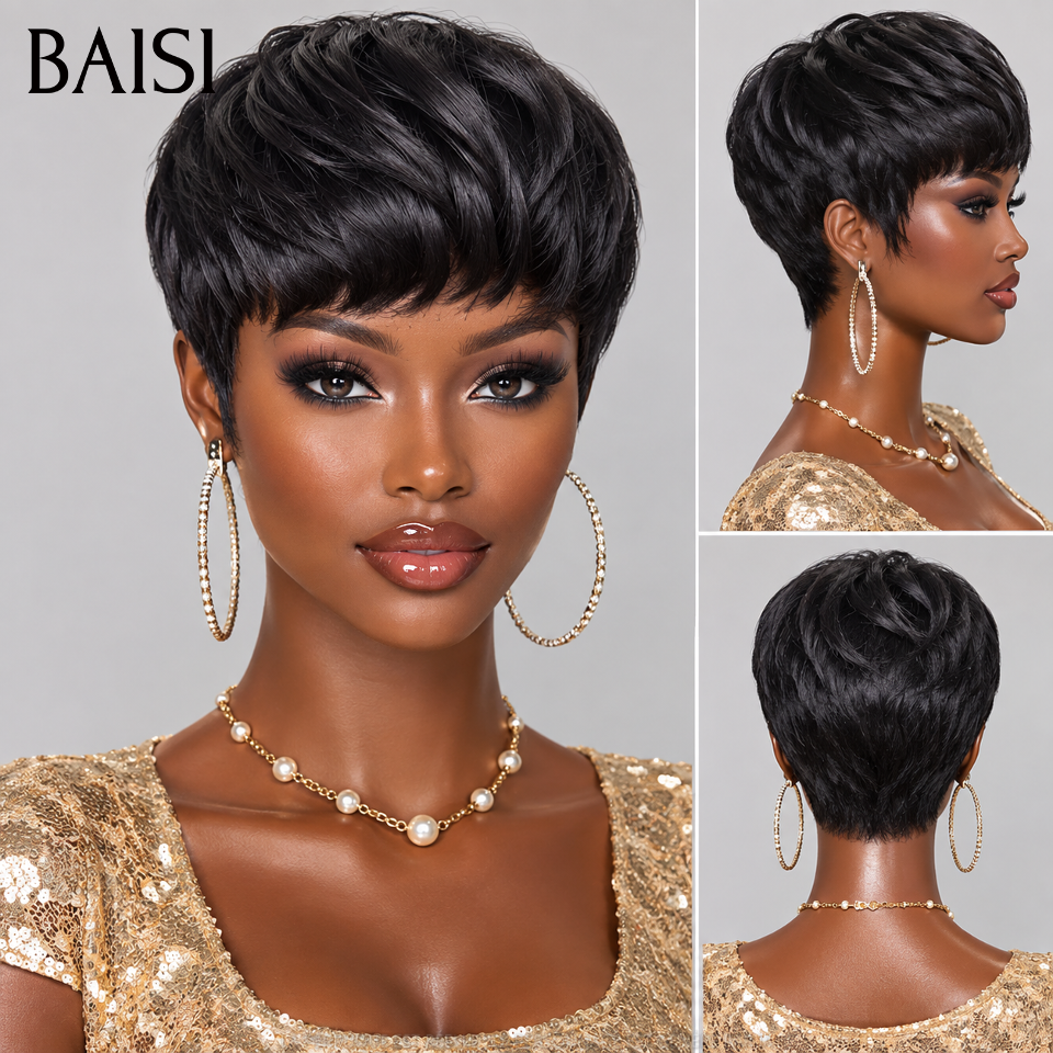 BAISI Compre 2 perucas no mínimo ao preço de fábrica do fornecedor, sem lace, pixie, 38€ ou 13X4 Corte Pixie Liso castanho, 100% cabelo humano verdadeiro (sem código)