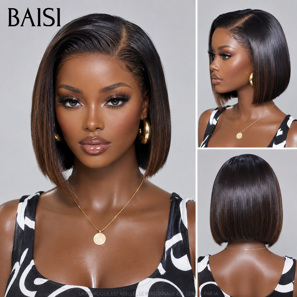 BAISI Achetez 2 perruques minimum au prix d'usine fournisseur Perruque Bob 4x4 Lace en couleur NOIR Mix miel 8 pouces 100% Cheveux Humains ( pas besoin de code)