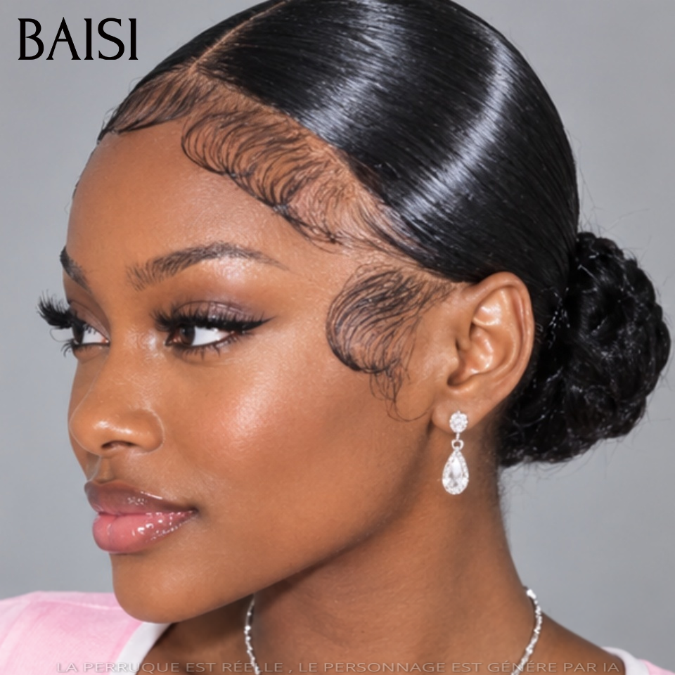 Nouveau produit Déjà Coiffée 13x4 lace frontal Perruque Coiffée Lisse 75€ avec Chignon de nattes en 100% Cheveux Humains