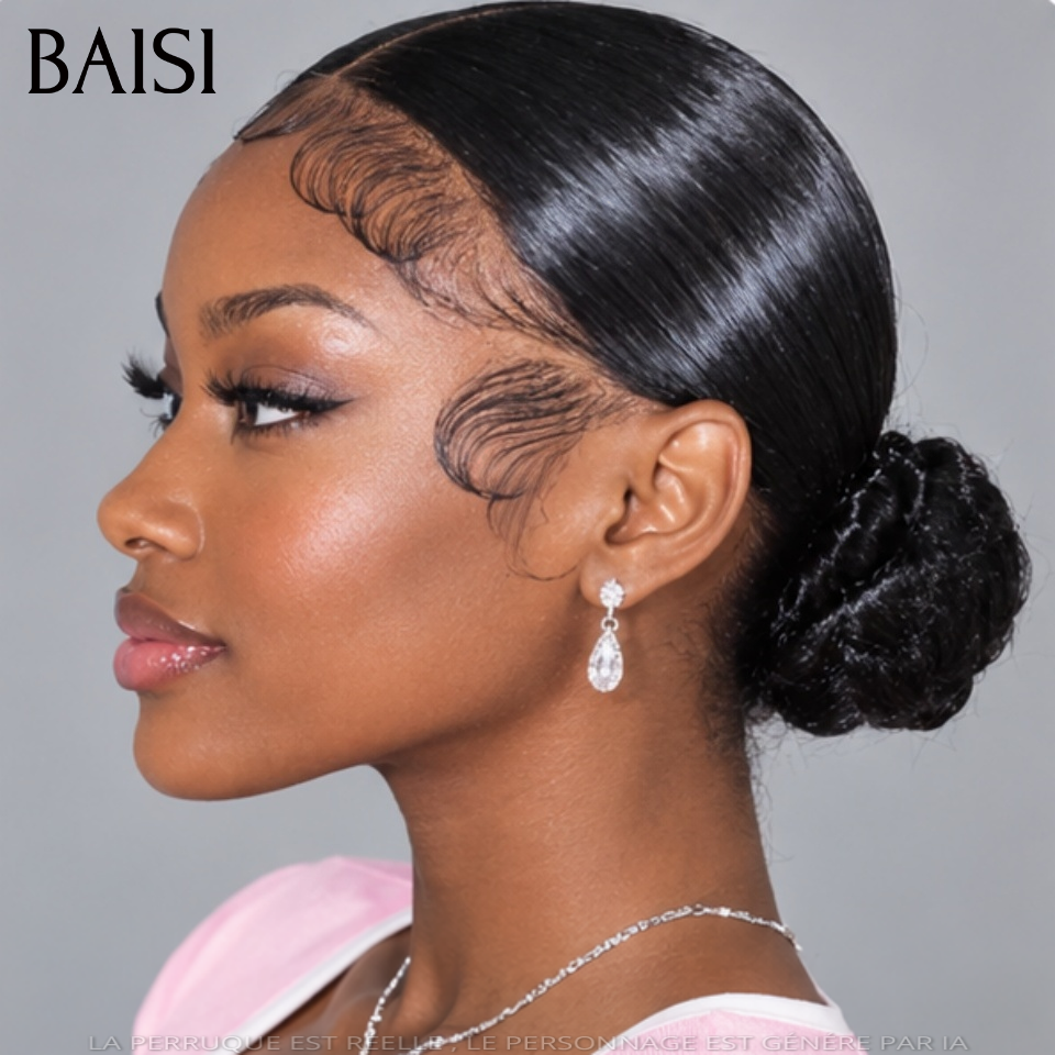 Nouveau produit Déjà Coiffée 13x4 lace frontal Perruque Coiffée Lisse 75€ avec Chignon de nattes en 100% Cheveux Humains