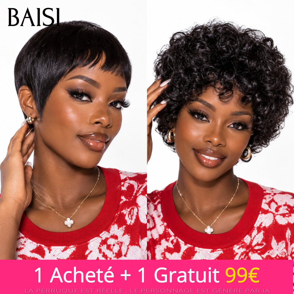 BAISI 1 Acheté + 1 Gratuit = 99€ Perruque sans lace pixie et bob egg wave avec frange 12 pouces en cheveux humains (pas besoin de code)