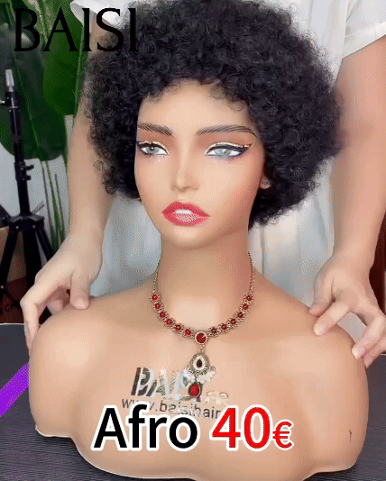BAISI Offre Flash Perruques comme en LIVE 40€ Pixie Afro sans lace sans colle bouclé partout Noir en 100% cheveux humains FR20